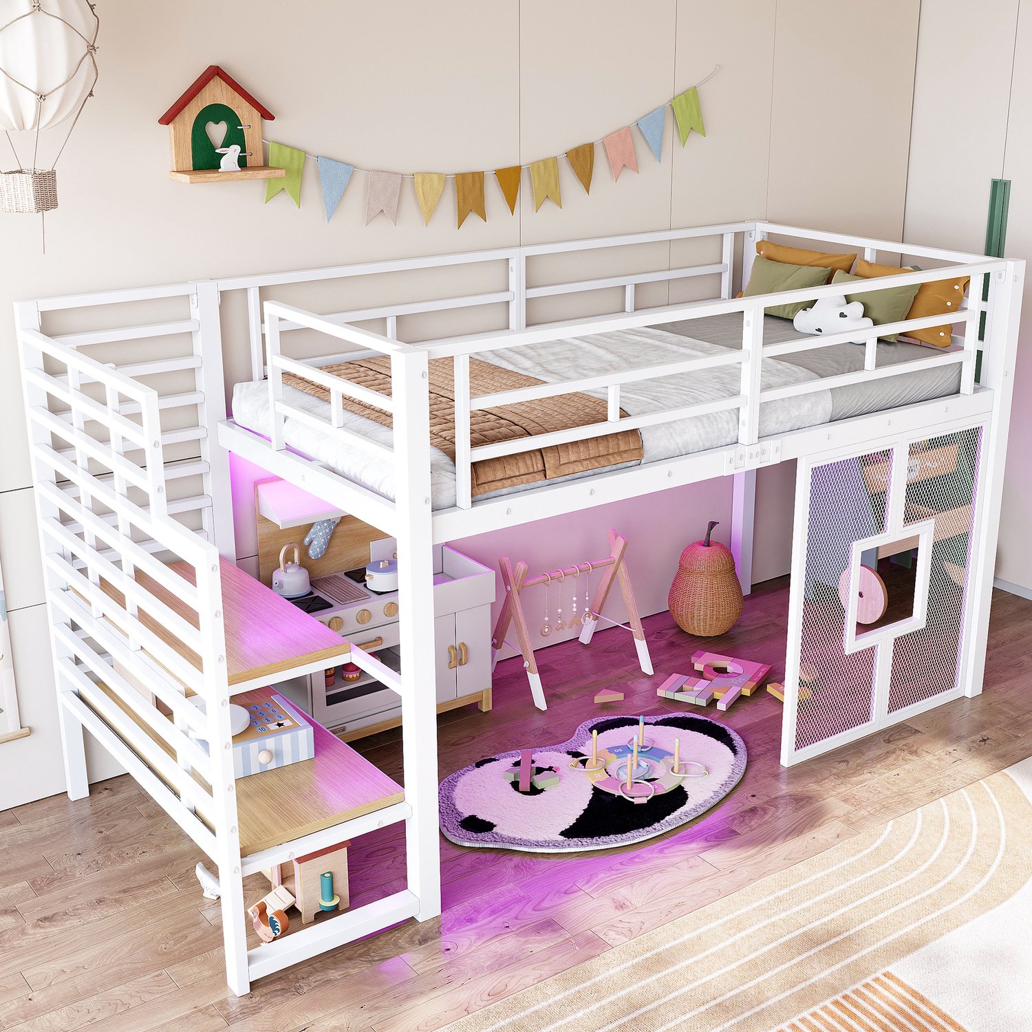 MUVANO Hoogslaper 90x200 cm - Metalen hoogslaper met vaste trap - Opbergruimte - LED-verlichting - Ramen - Veiligheidshekje - Wit voor de kinderkamer