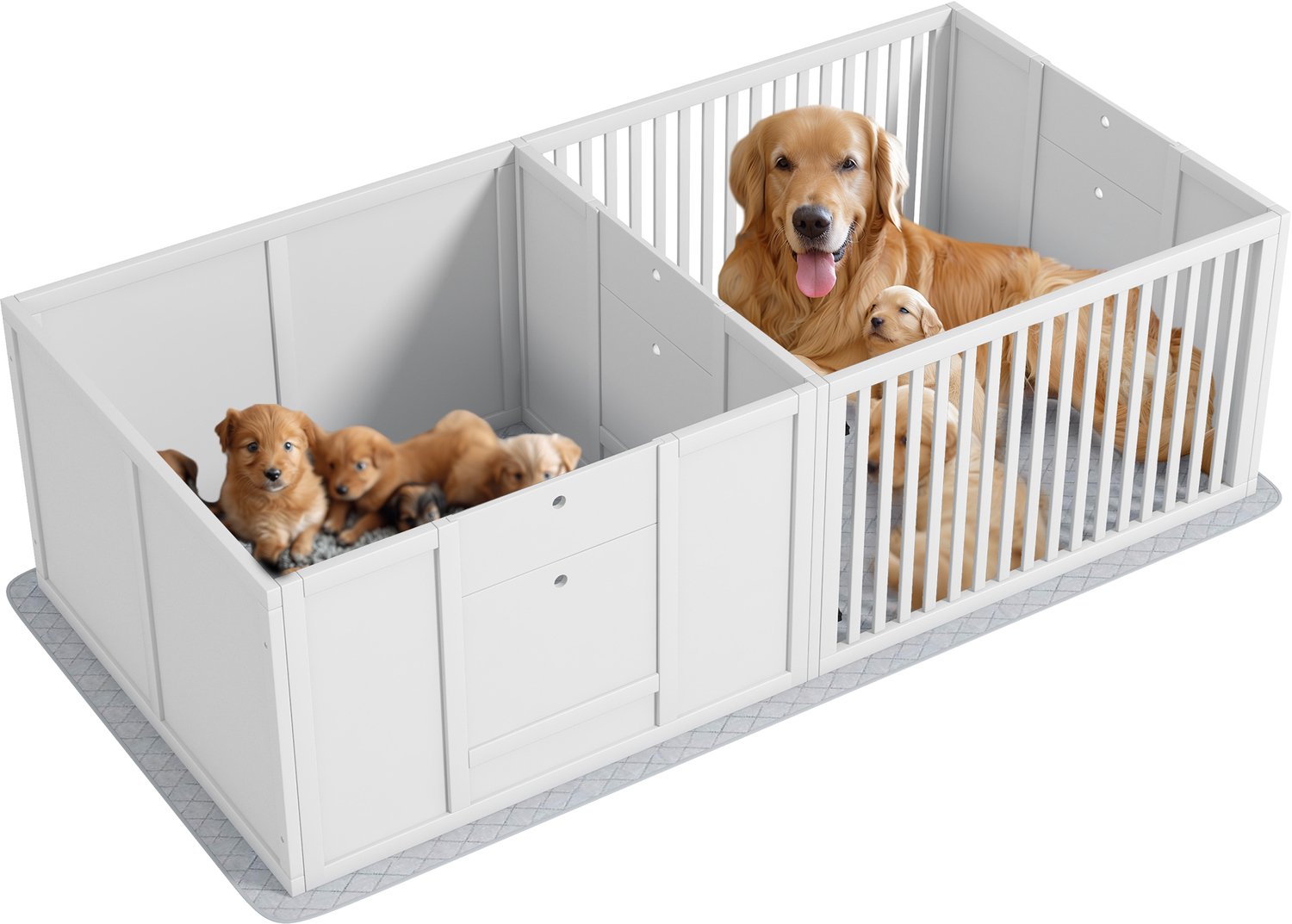 Werpkist voor puppy's – Puppyren met waterdichte vloermat, hondenren met deur – Werpkist – Puppyren voor kleine tot grote honden – 160x80x50 cm – Wit