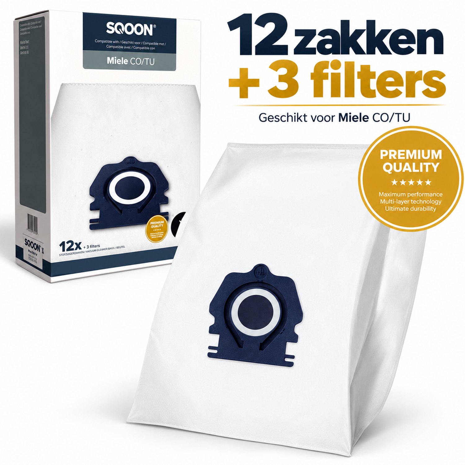 SQOON Stofzuigerzakken - 12 STUKS - Geschikt Voor Miele Guard S1, M1 en L1 series - Gelijk aan model: CO / TU - High Filtration - Inclusief 3x Uitblaasfilters