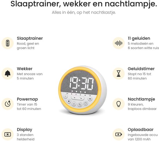 Overzicht van functies: slaaptrainer, wekker, nachtlampje, 11 geluiden en oplaadbare 1200 mAh accu.