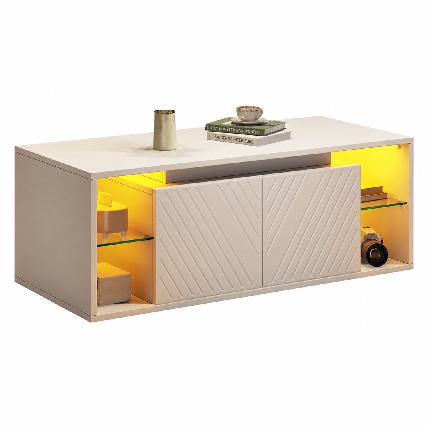 Welltin Salontafel - 2 deuren en halfopen opbergruimte - LED-verlichting - 100 x 50 x 41 cm - Woonkamertafel met gesloten en open opbergvak - Wit