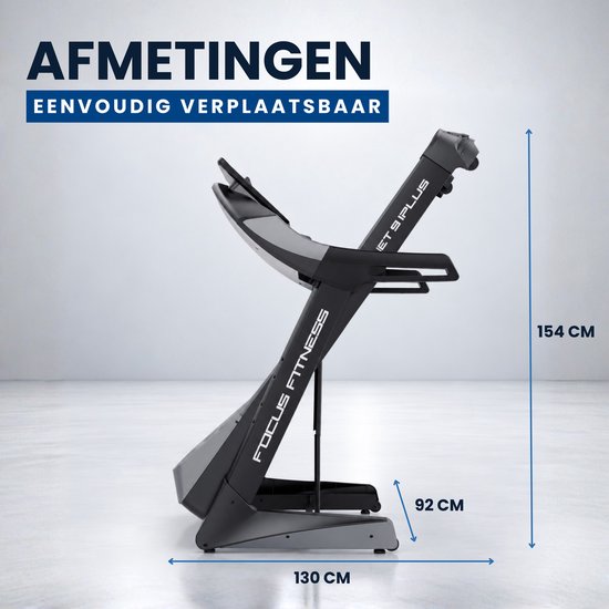 Zijaanzicht van de opklapbare Focus Fitness Jet 9 iPlus loopband met afmetingen 130 cm, 92 cm en 154 cm.