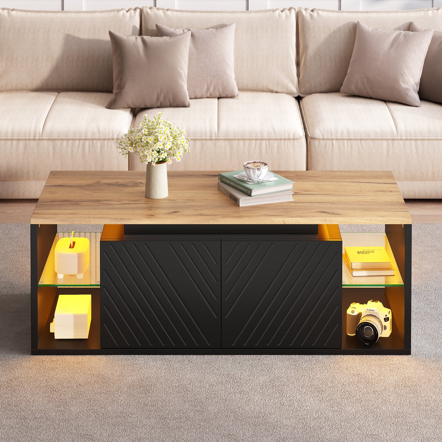 VVBV Salontafel met Opbergruimte 100x50x41 cm – App-Bediening, 2 Lades, LED-Verlichting, USB, 2 Deuren, Open Vakken, Houtlook – Salontafel met Lade Zwart