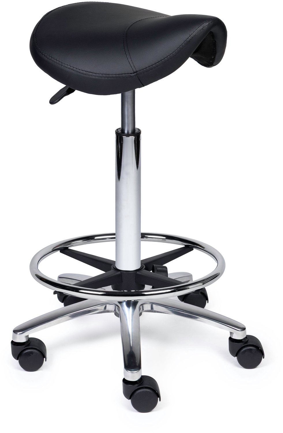 Ergonomische Zadelkruk Compact Zwart op Wielen Hoge uitvoering (70-84cm) / Met voetensteun / Voetdoppen