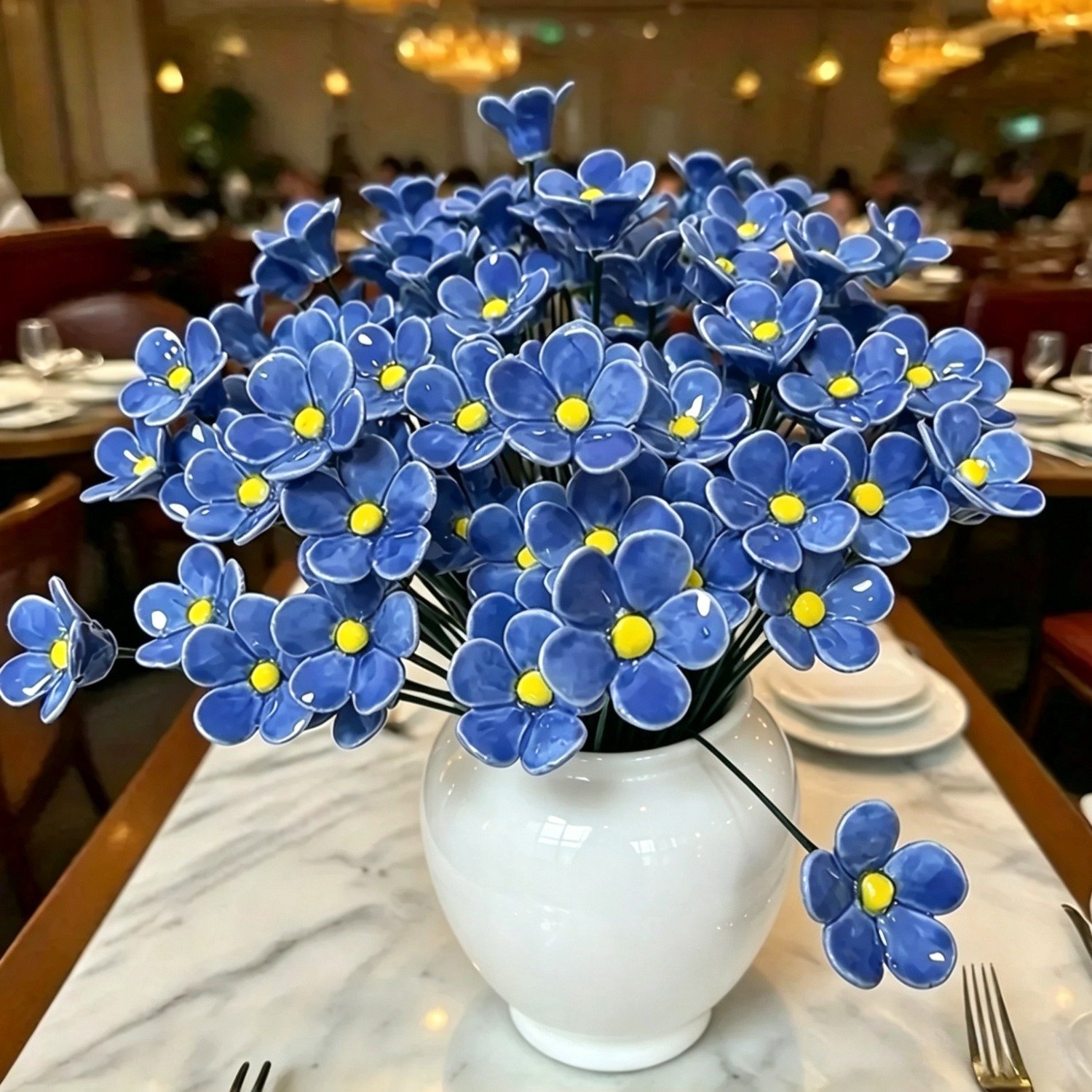 Handgemaakte Keramische Kunstbloem Vergeet-mij-nietje Blauw - 37 cm - Nepbloemen - Kunstbloemen voor Binnen - Woondecoratie - Vaasdecoratie - Onderhoudsvrij - Bloemen voor Vaas - Tafeldecoratie - Dressoir - Boeket