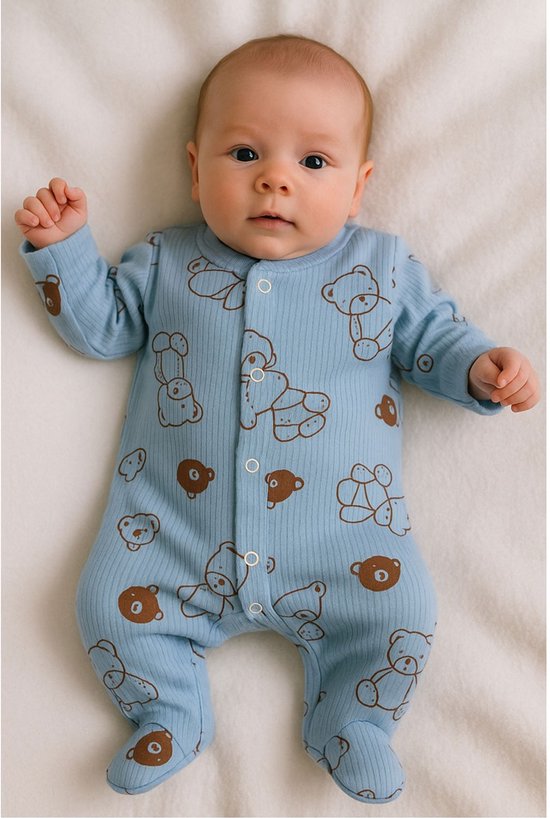 Jungengel Baby Boxpakje met Voetjes Lichtblauw - Beertje Motief 100% Katoen - Rompertje Lange Mouwen met Drukknoopjes - Newborn 0-3 Maanden Maat 56 - Unisex Eerste Babykleding - Kraamcadeau Geboorte Babyshower — afbeelding 3