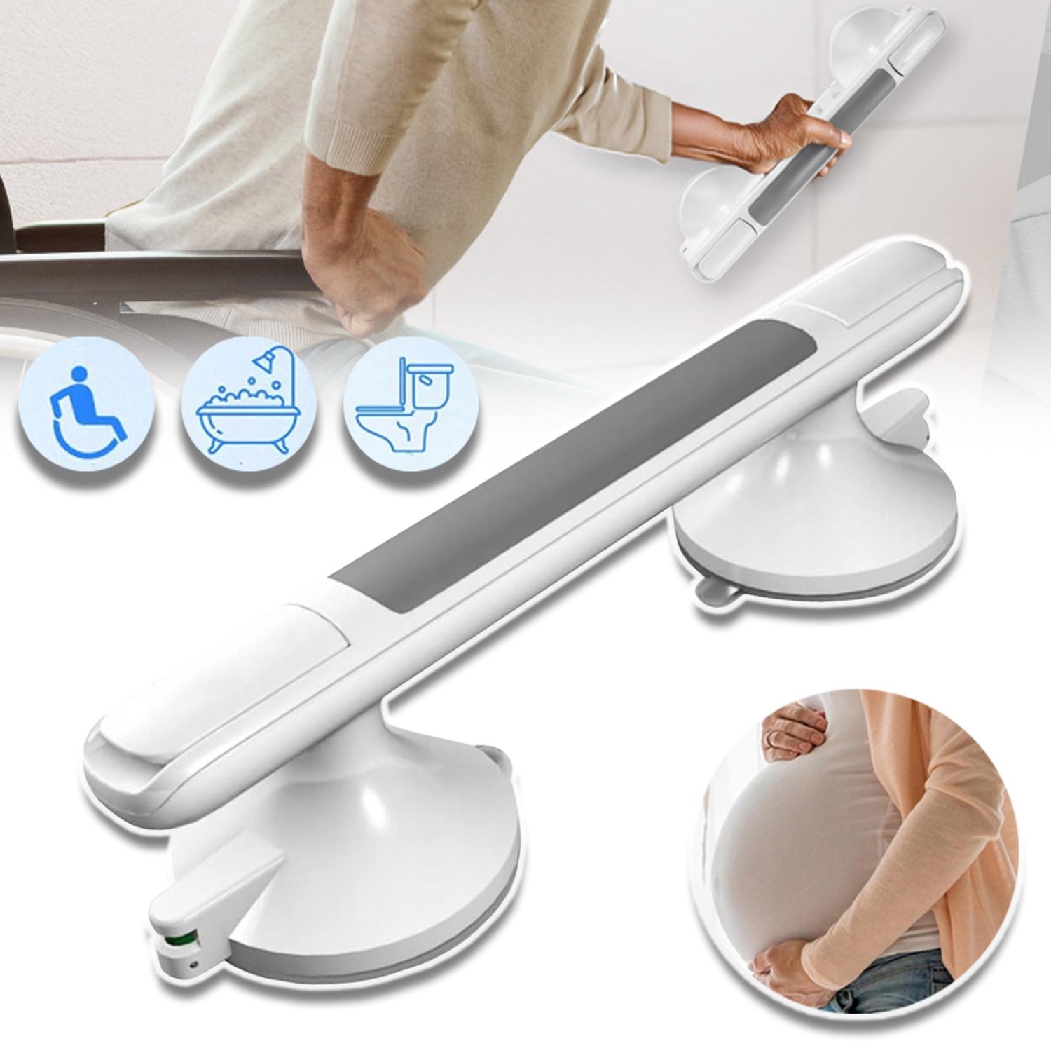 Draagbare Armsteun Met Zuignappen En Kleurindicator – 110 kg Draagvermogen En Antislip Rubberen Grip – Zonder Boren Voor Badkamer, Toilet En Trap – Wit, 33 cm