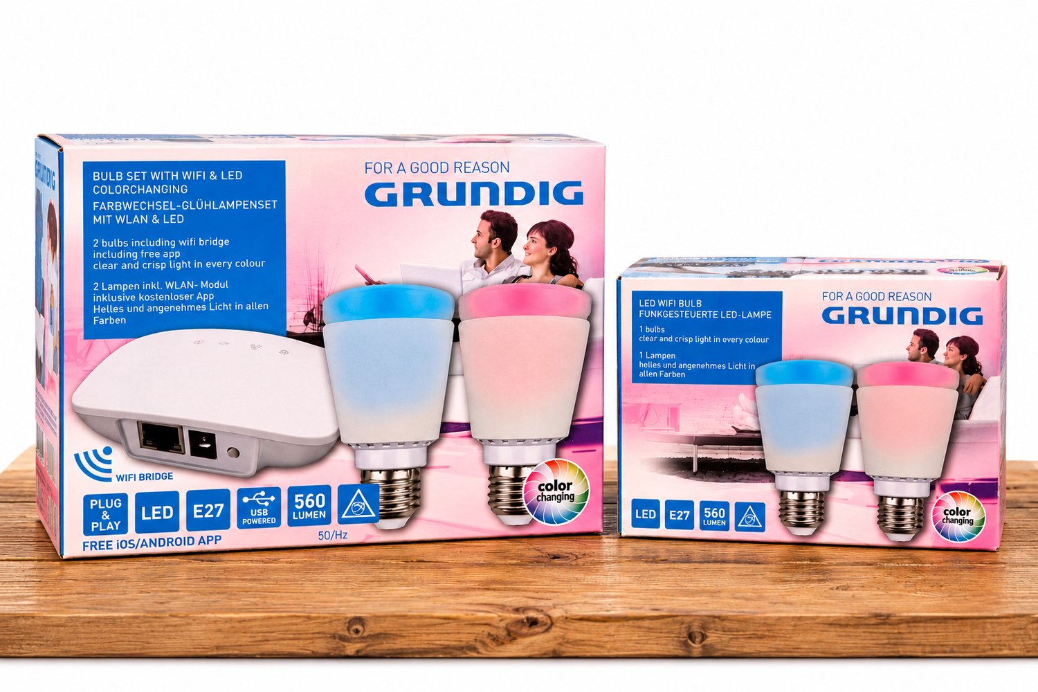 Grundig - WiFi LED Lampenset - 2x E27 LED Lamp - Color Changing - Inclusief WiFi Bridge