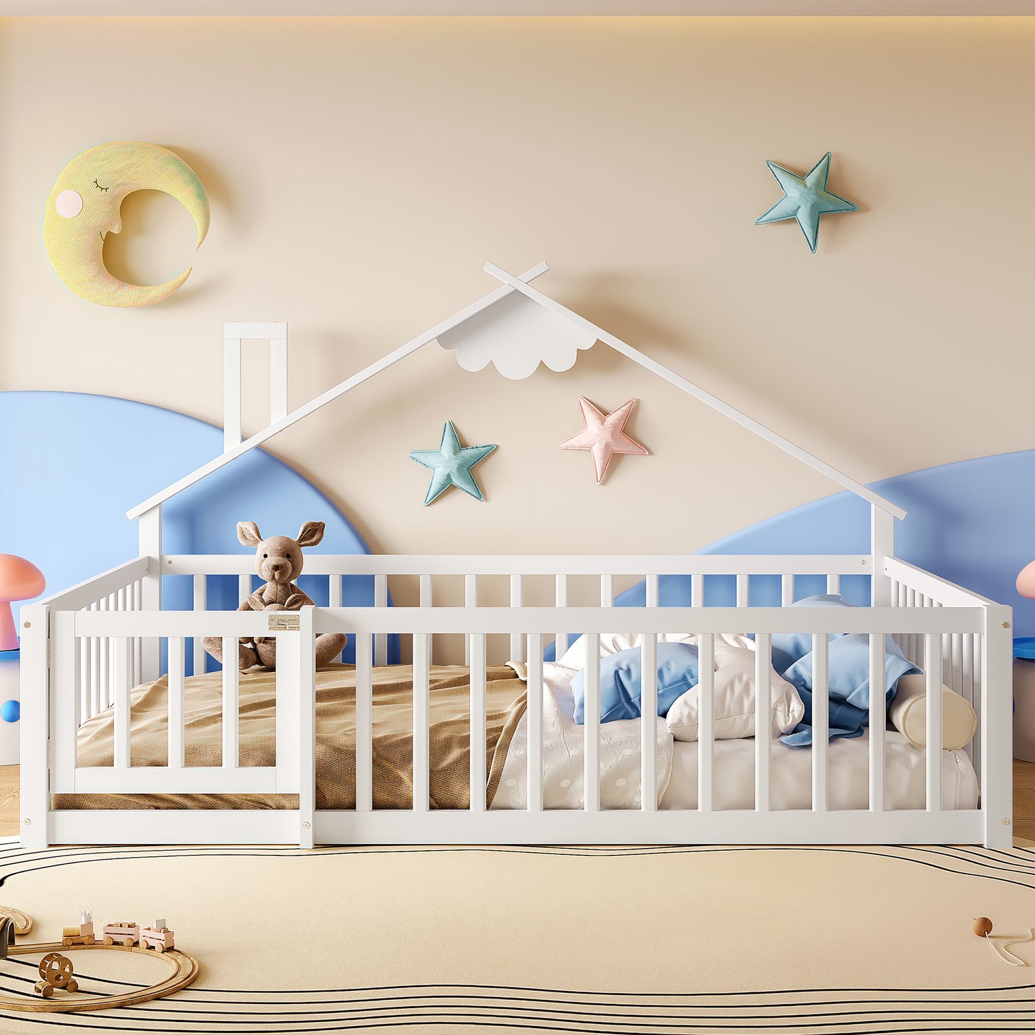 Kinderbed 140x190 cm - Huisbed met bedhek en slot - Wit