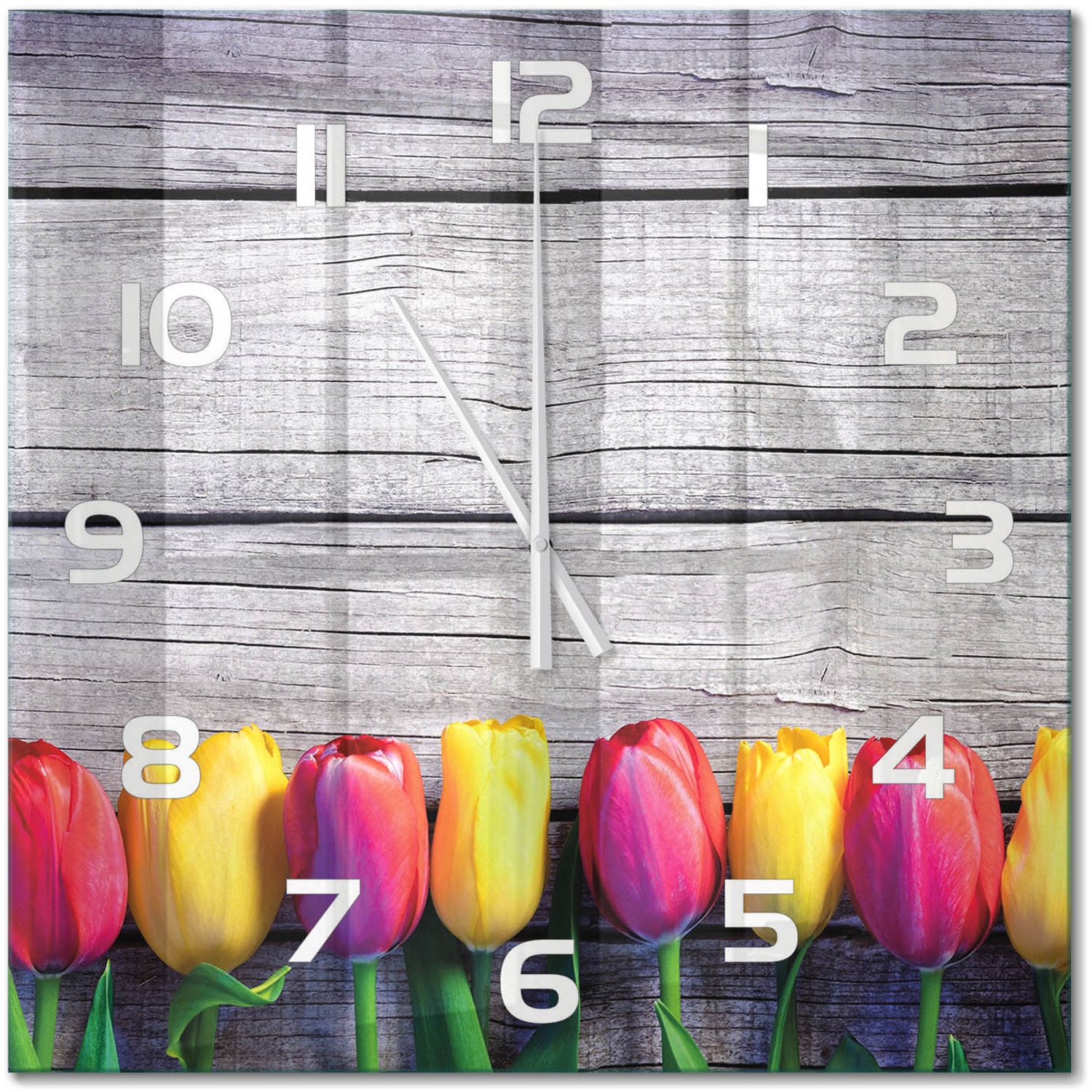 TULUP Wandklok - Tulpen op hout Wandklok Glas Met Motief - 60x60 cm - Veelkleurig Decoratieve Glazen Klok - Witte handen - Vierkante Klok - Gekleurde Glazen Klok - Glazen Klok Met Print