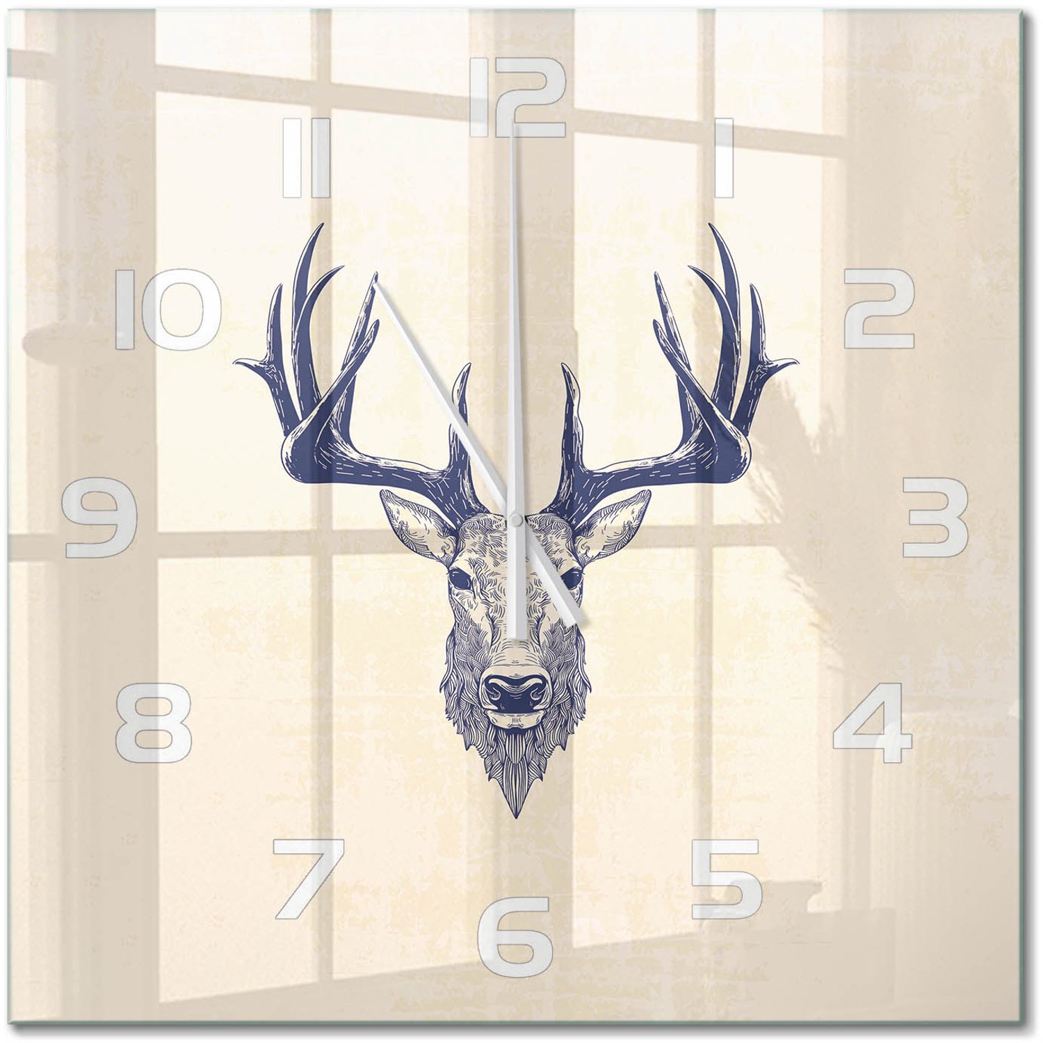 TULUP Wandklok - Hert Hert Decoratieve Glazen Klok - 60x60 cm - Beige Glazen Wandklok Design - Witte handen - Vierkante Klok - Glazen Klok Met Print - Wandklok Glas Met Motief