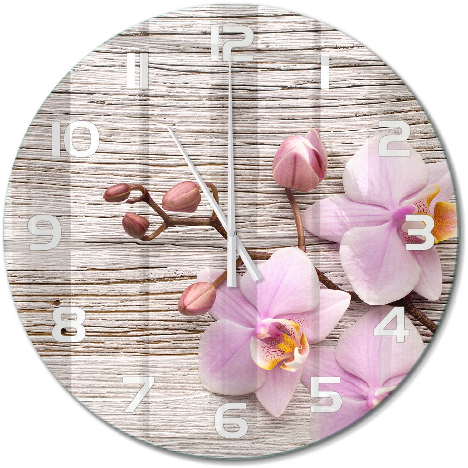 TULUP Wandklok - Orchidee op hout Glazen Wandklok Design - fi60 cm - Beige Klok Glas Met Opdruk - Witte handen - Ronde Klok - Wandklok Glas Met Motief - Decoratieve Glazen Klok