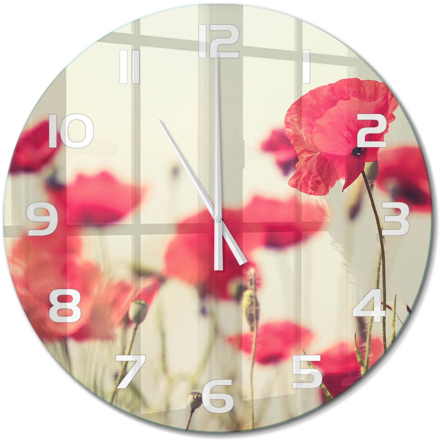 TULUP Wandklok - Veldklaproos Decoratieve Glazen Klok - fi60 cm - Rood Glazen Wandklok Design - Witte handen - Ronde Klok - Glazen Klok Met Print - Wandklok Glas Met Motief