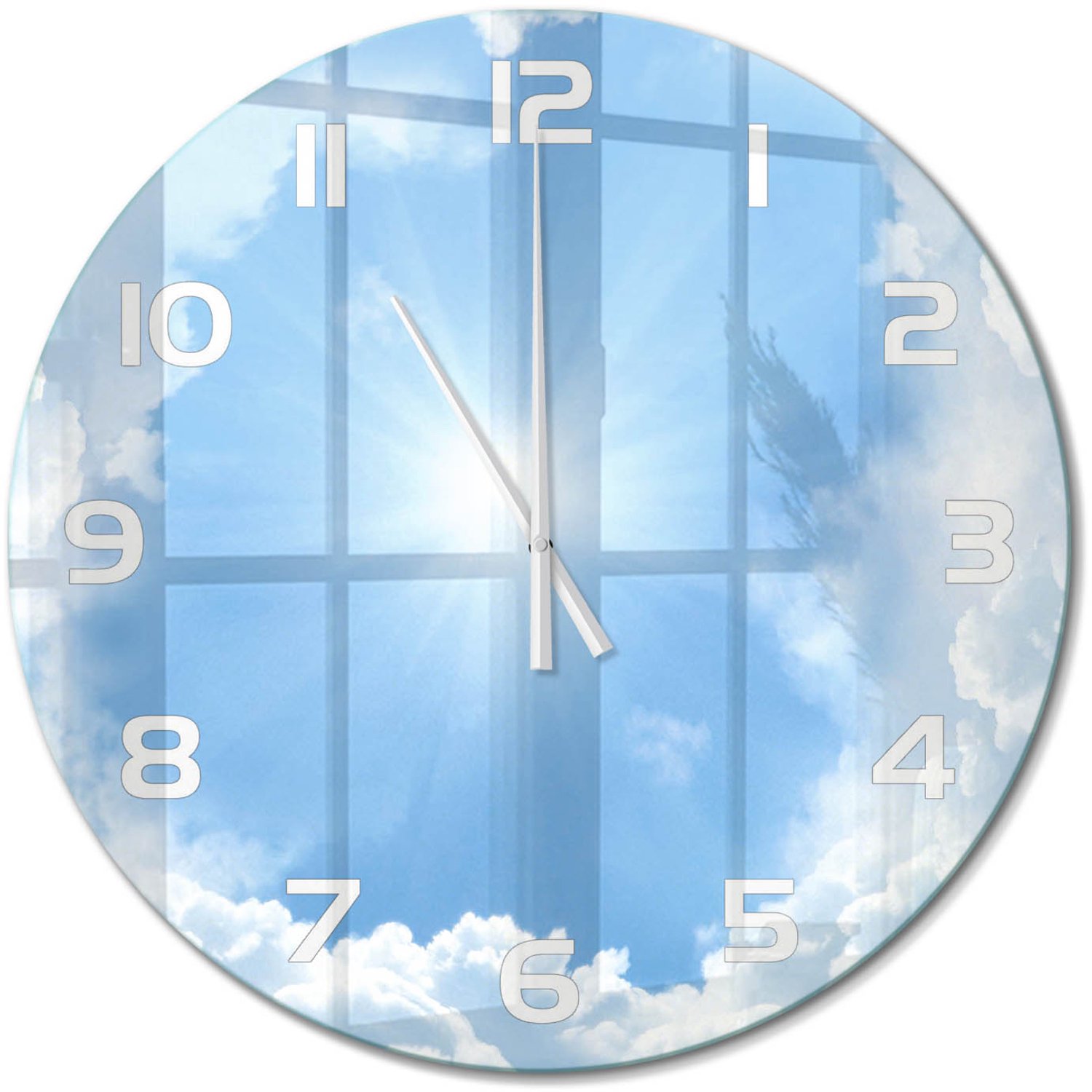TULUP Wandklok - Wolken aan de hemel Wandklok Glas Met Motief - fi60 cm - Blauw Decoratieve Glazen Klok - Witte handen - Ronde Klok - Gekleurde Glazen Klok - Glazen Klok Met Print