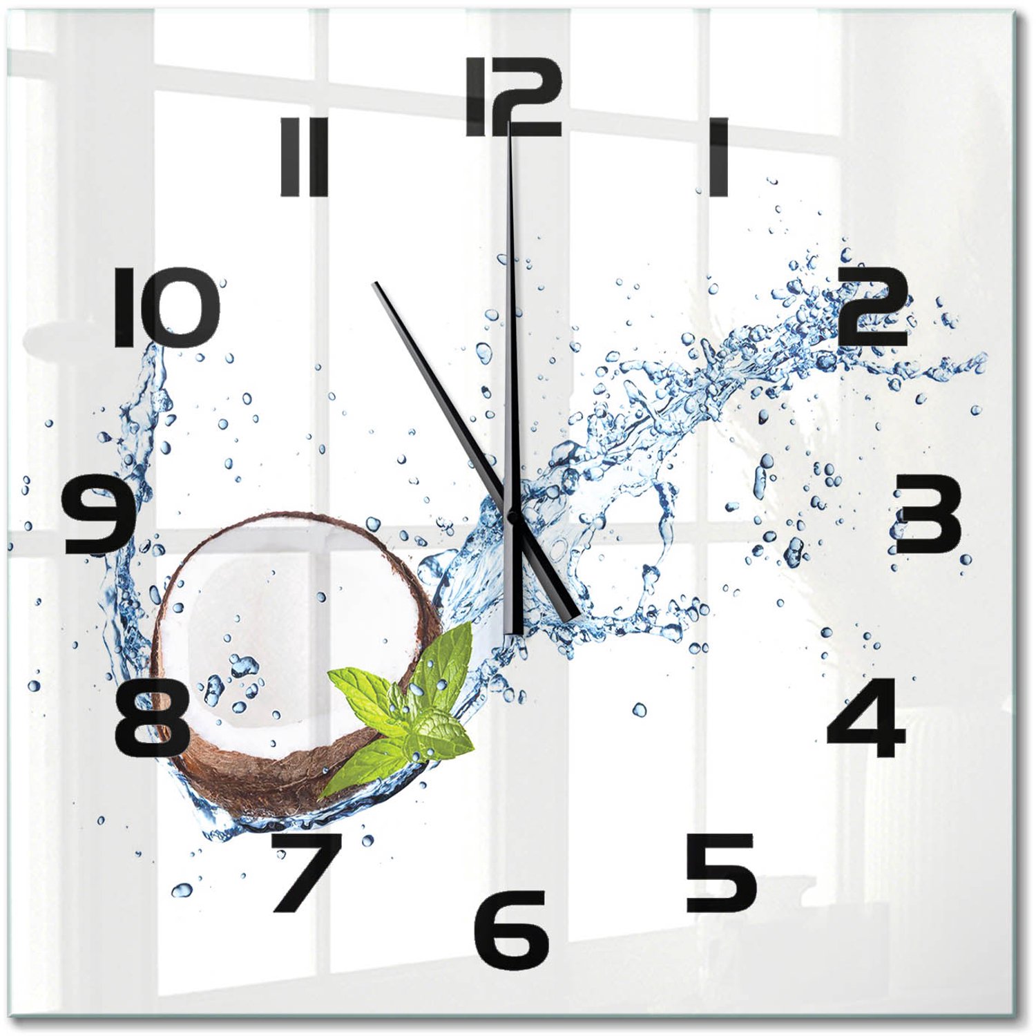 TULUP Wandklok - Kokosnoot en water Klok Glas Met Opdruk - 60x60 cm - Bruin Moderne Wandklok Glas - Zwarte handen - Vierkante Klok - Decoratieve Glazen Klok - Glazen Wandklok Design