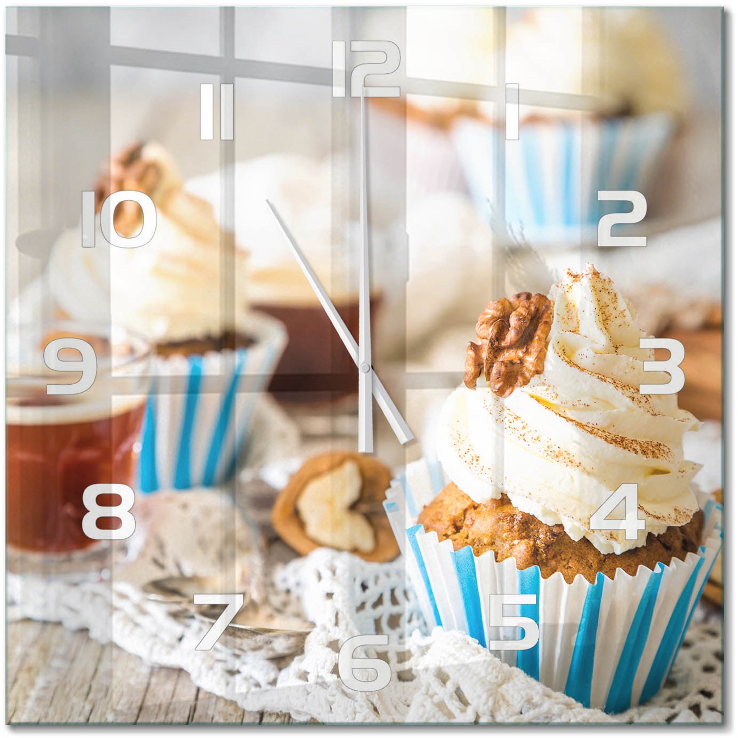 TULUP Wandklok - Muffins Wandklok Glas Decoratie - 60x60 cm - Veelkleurig Gekleurde Glazen Klok - Witte handen - Vierkante Klok - Klok Glas Met Opdruk - Moderne Wandklok Glas