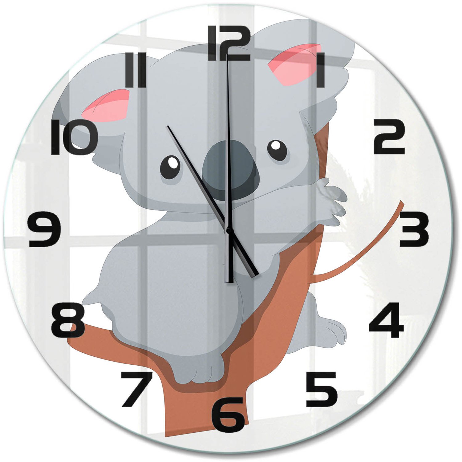 TULUP Wandklok - Koala in een boom Decoratieve Glazen Klok - fi60 cm - Grijs Glazen Wandklok Design - Zwarte handen - Ronde Klok - Glazen Klok Met Print - Wandklok Glas Met Motief