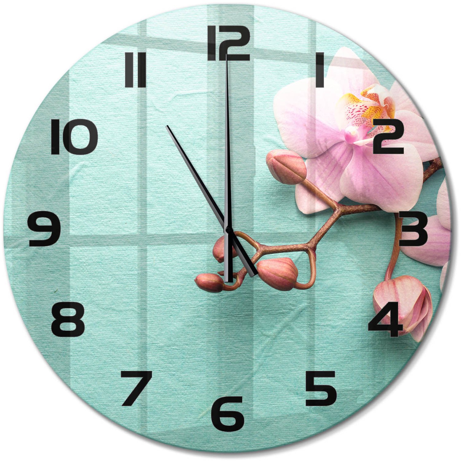 TULUP Wandklok - Orchidee Decoratieve Glazen Klok - fi60 cm - Roze Glazen Wandklok Design - Zwarte handen - Ronde Klok - Glazen Klok Met Print - Wandklok Glas Met Motief