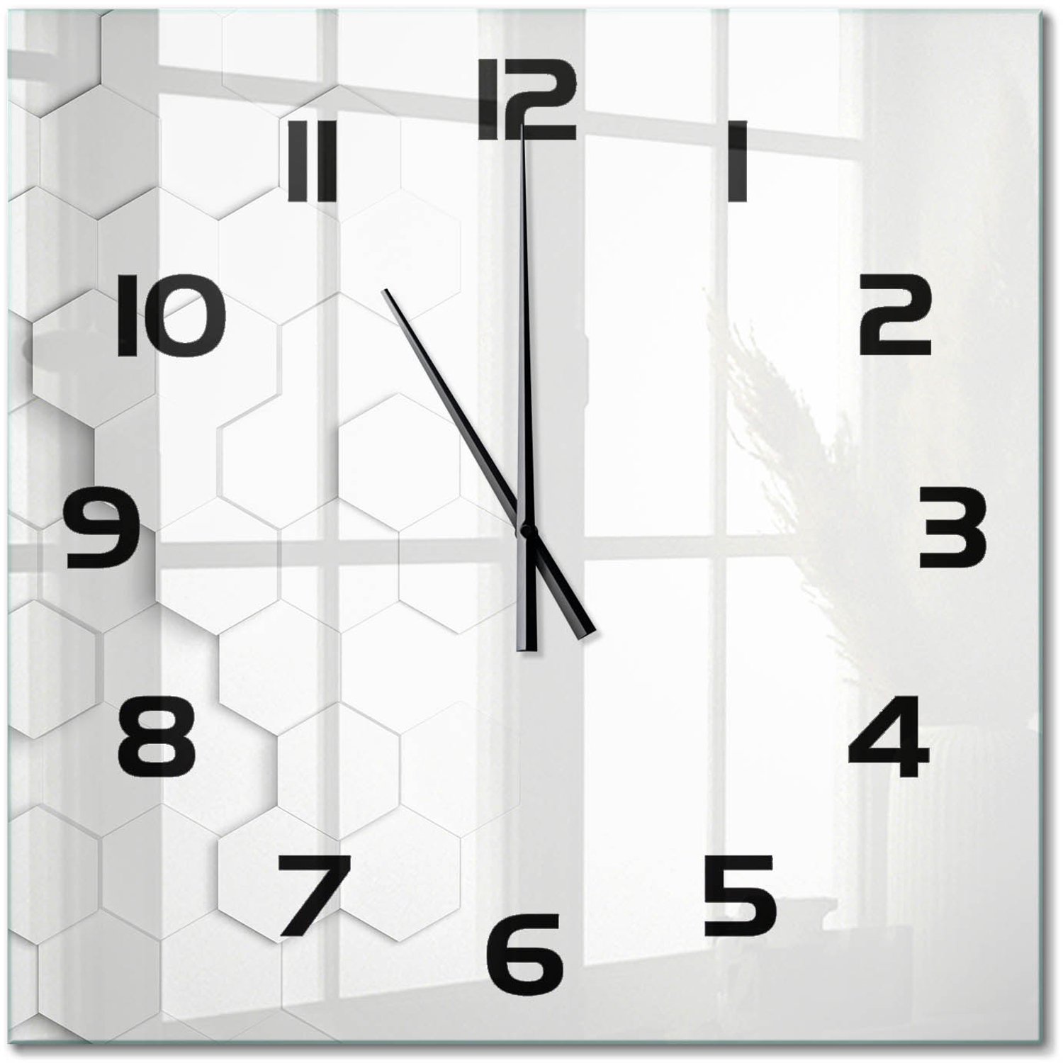 TULUP Wandklok - Zeshoekige achtergrond Klok Glas Met Opdruk - 60x60 cm - Wit Moderne Wandklok Glas - Zwarte handen - Vierkante Klok - Decoratieve Glazen Klok - Glazen Wandklok Design