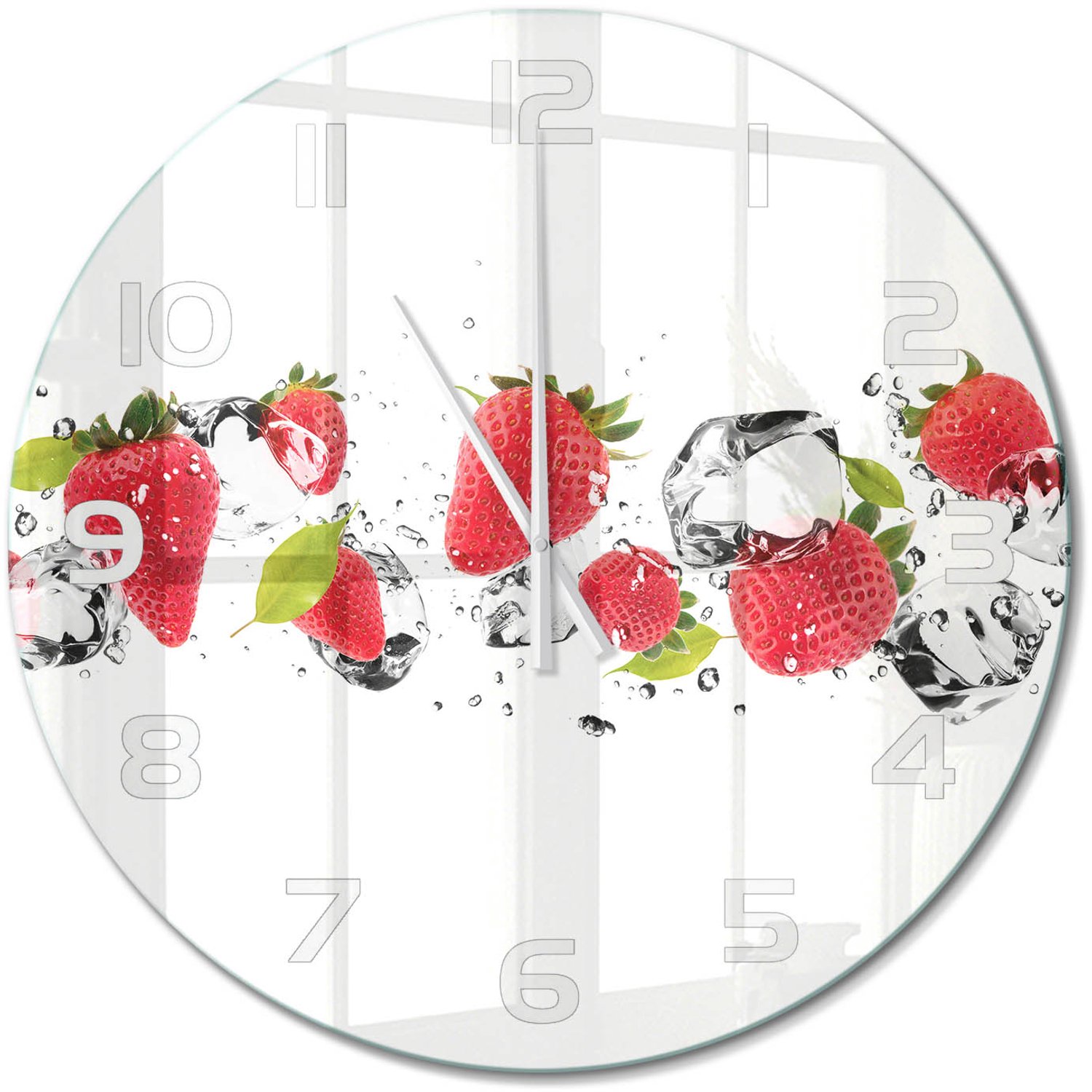 TULUP Wandklok - Aardbeien en water Wandklok Glas Met Motief - fi60 cm - Rood Decoratieve Glazen Klok - Witte handen - Ronde Klok - Gekleurde Glazen Klok - Glazen Klok Met Print