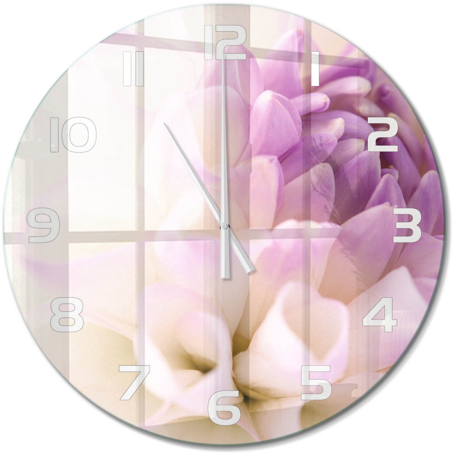 TULUP Wandklok - Witte dahlia Gekleurde Glazen Klok - fi60 cm - Paars Glazen Klok Met Print - Witte handen - Ronde Klok - Moderne Wandklok Glas - Wandklok Glas Decoratie