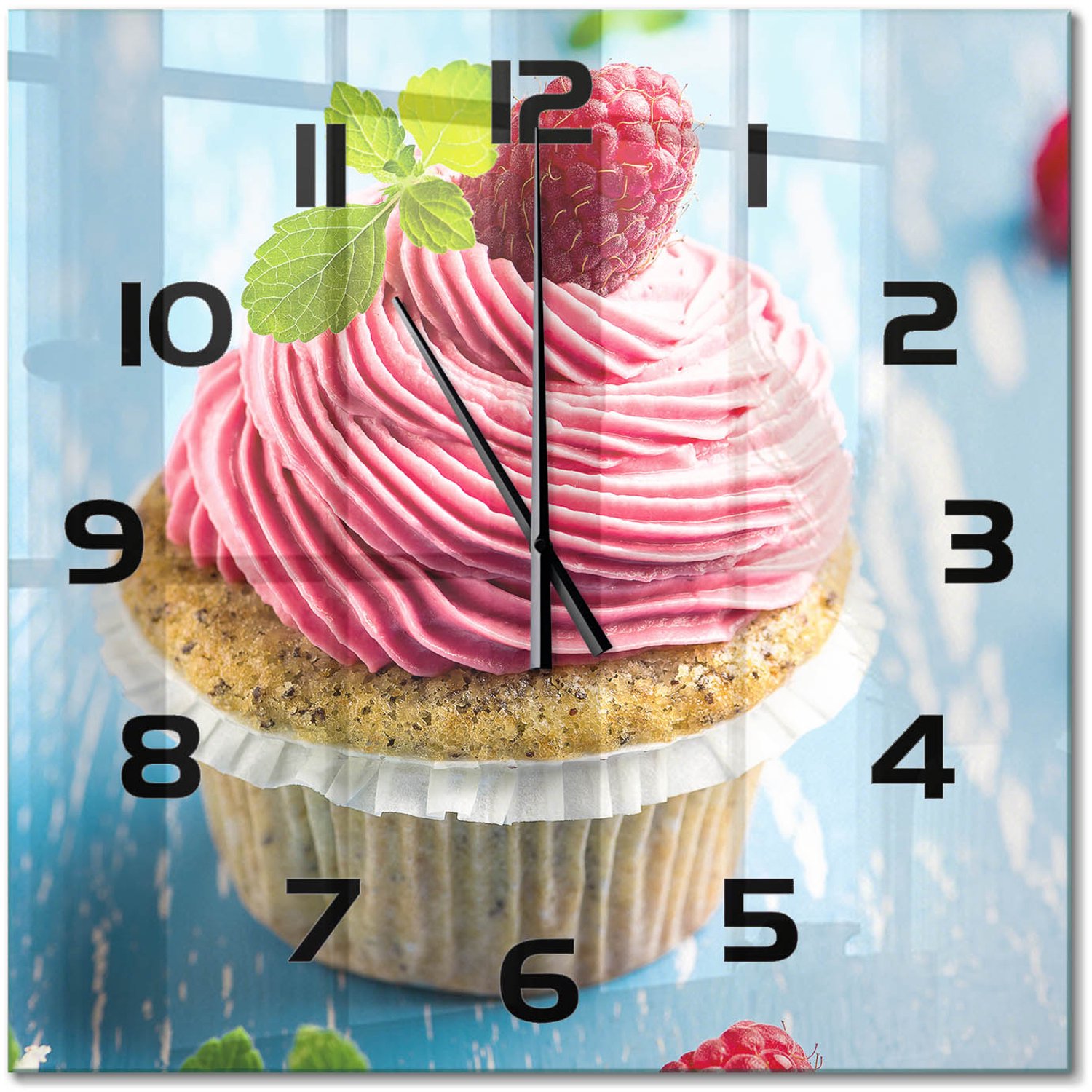 TULUP Wandklok - Frambozenmuffin Gekleurde Glazen Klok - 60x60 cm - Rood Glazen Klok Met Print - Zwarte handen - Vierkante Klok - Moderne Wandklok Glas - Wandklok Glas Decoratie