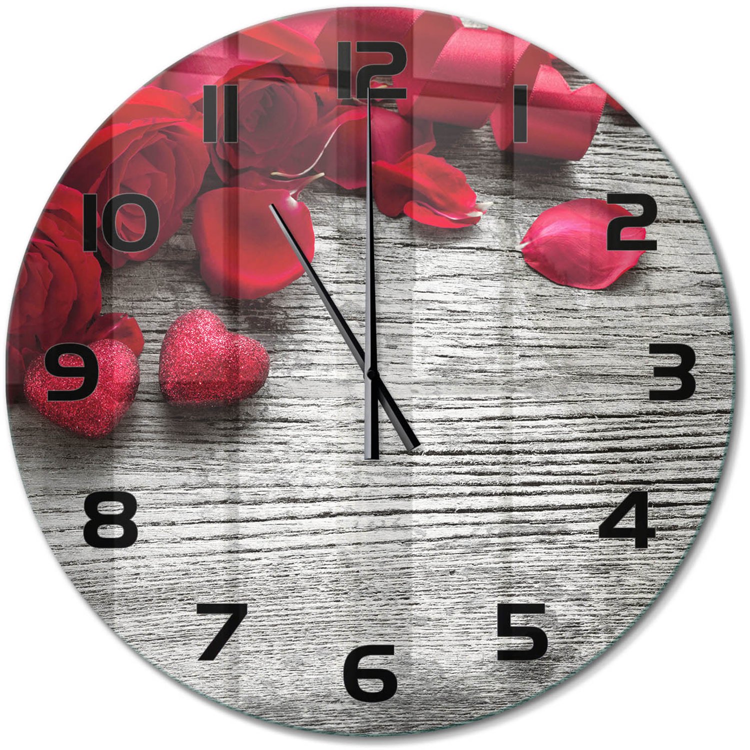 TULUP Wandklok - Rode rozen Moderne Wandklok Glas - fi60 cm - Rood Wandklok Glas Decoratie - Zwarte handen - Ronde Klok - Glazen Wandklok Design - Klok Glas Met Opdruk