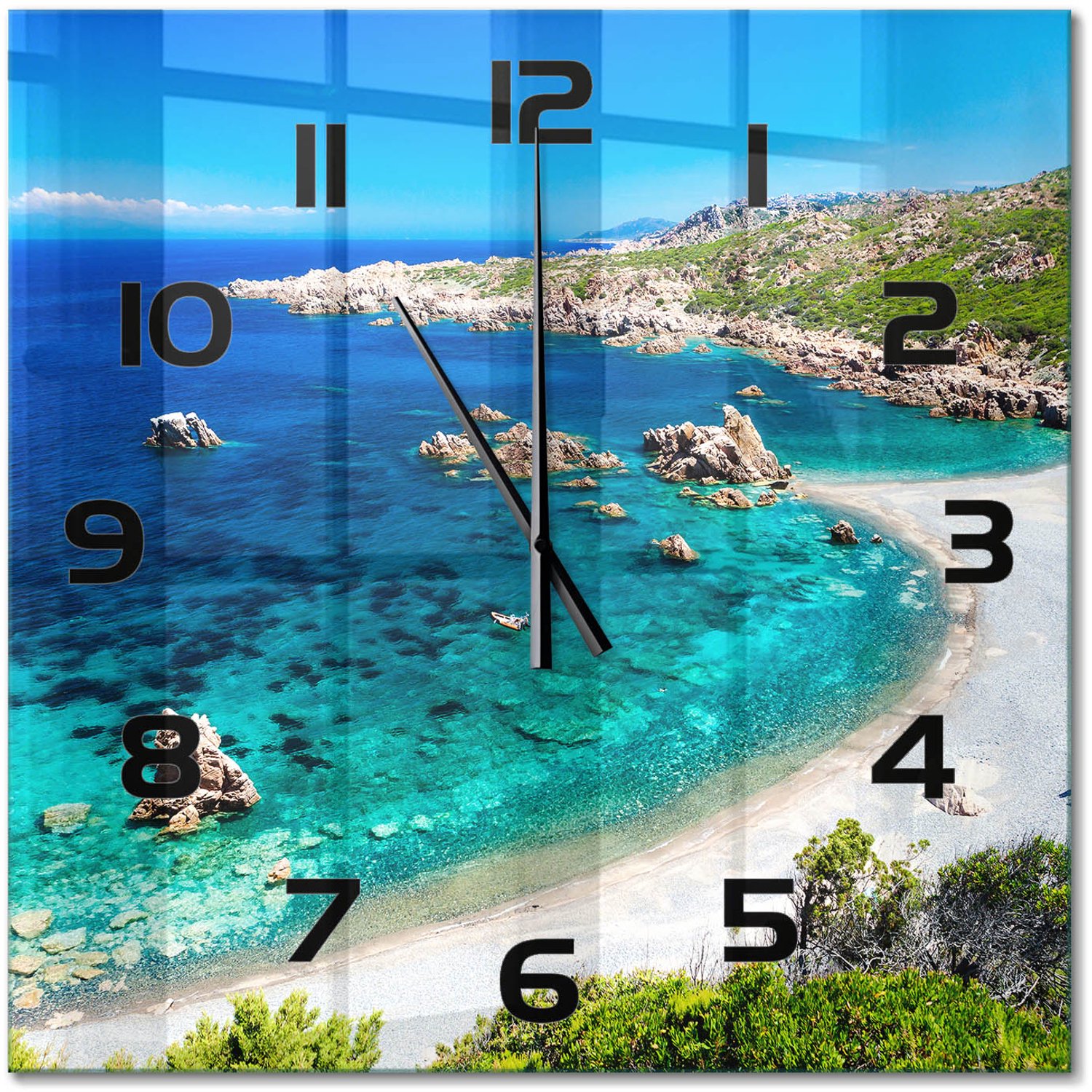 TULUP Wandklok - Baai Glazen Klok Met Print - 60x60 cm - Blauw Wandklok Glas Met Motief - Zwarte handen - Vierkante Klok - Wandklok Glas Decoratie - Gekleurde Glazen Klok