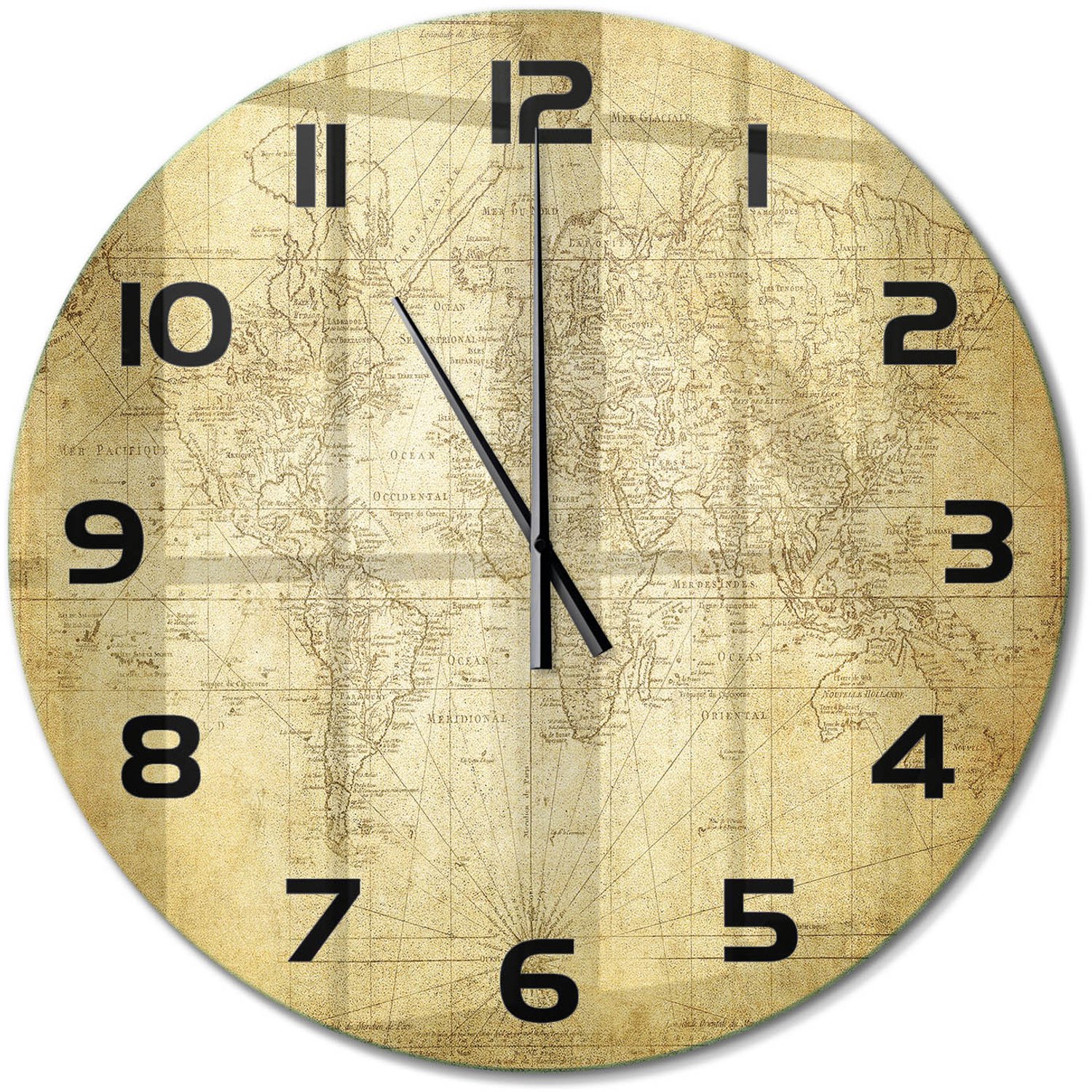 TULUP Wandklok - Oude wereldkaart Gekleurde Glazen Klok - fi60 cm - Beige Glazen Klok Met Print - Zwarte handen - Ronde Klok - Moderne Wandklok Glas - Wandklok Glas Decoratie