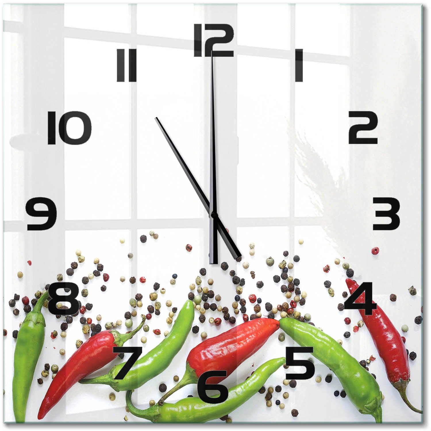 TULUP Wandklok - Chilipepers Glazen Wandklok Design - 60x60 cm - Veelkleurig Klok Glas Met Opdruk - Zwarte handen - Vierkante Klok - Wandklok Glas Met Motief - Decoratieve Glazen Klok