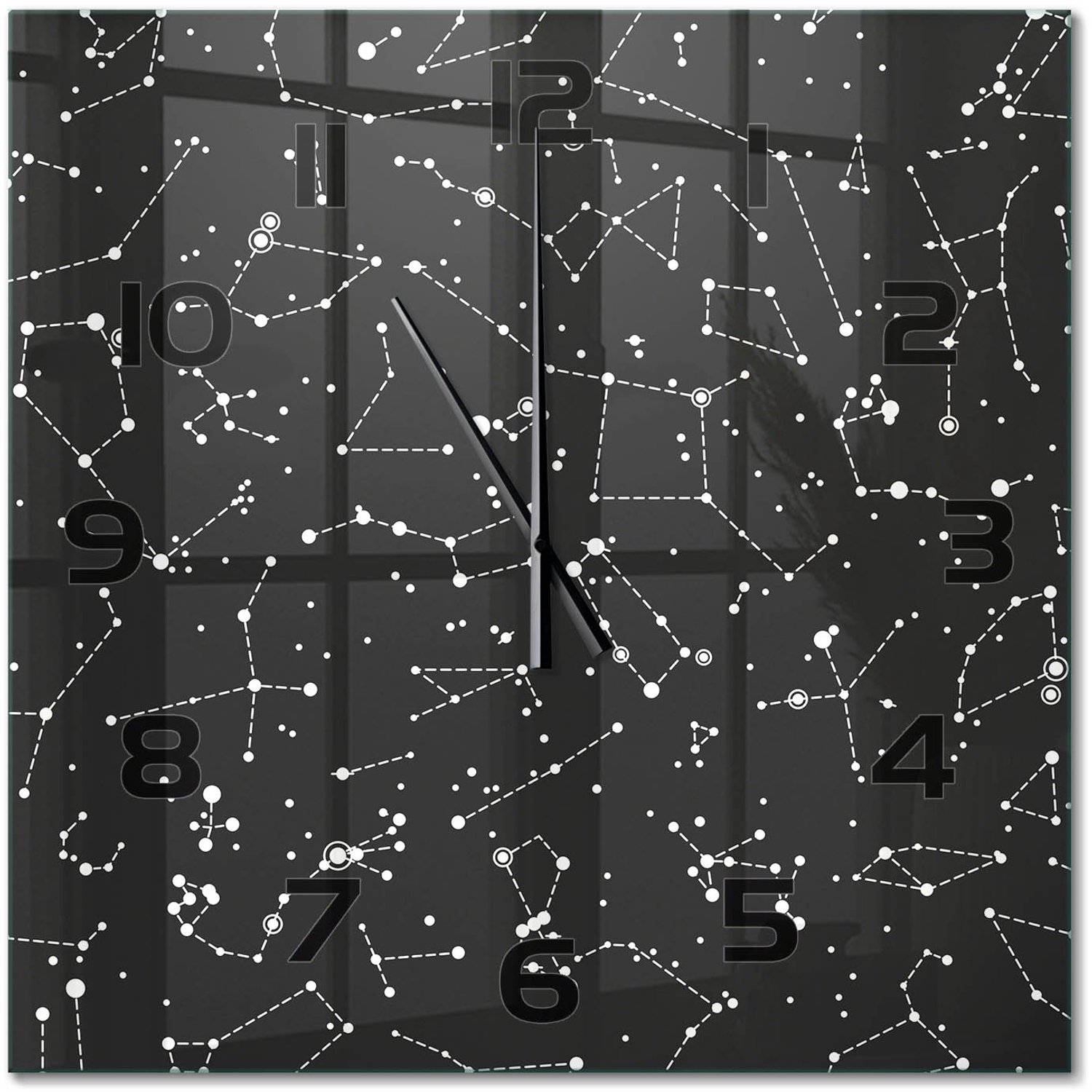 TULUP Wandklok - Sterrenbeeld Wandklok Glas Met Motief - 60x60 cm - Zwart-wit Decoratieve Glazen Klok - Zwarte handen - Vierkante Klok - Gekleurde Glazen Klok - Glazen Klok Met Print