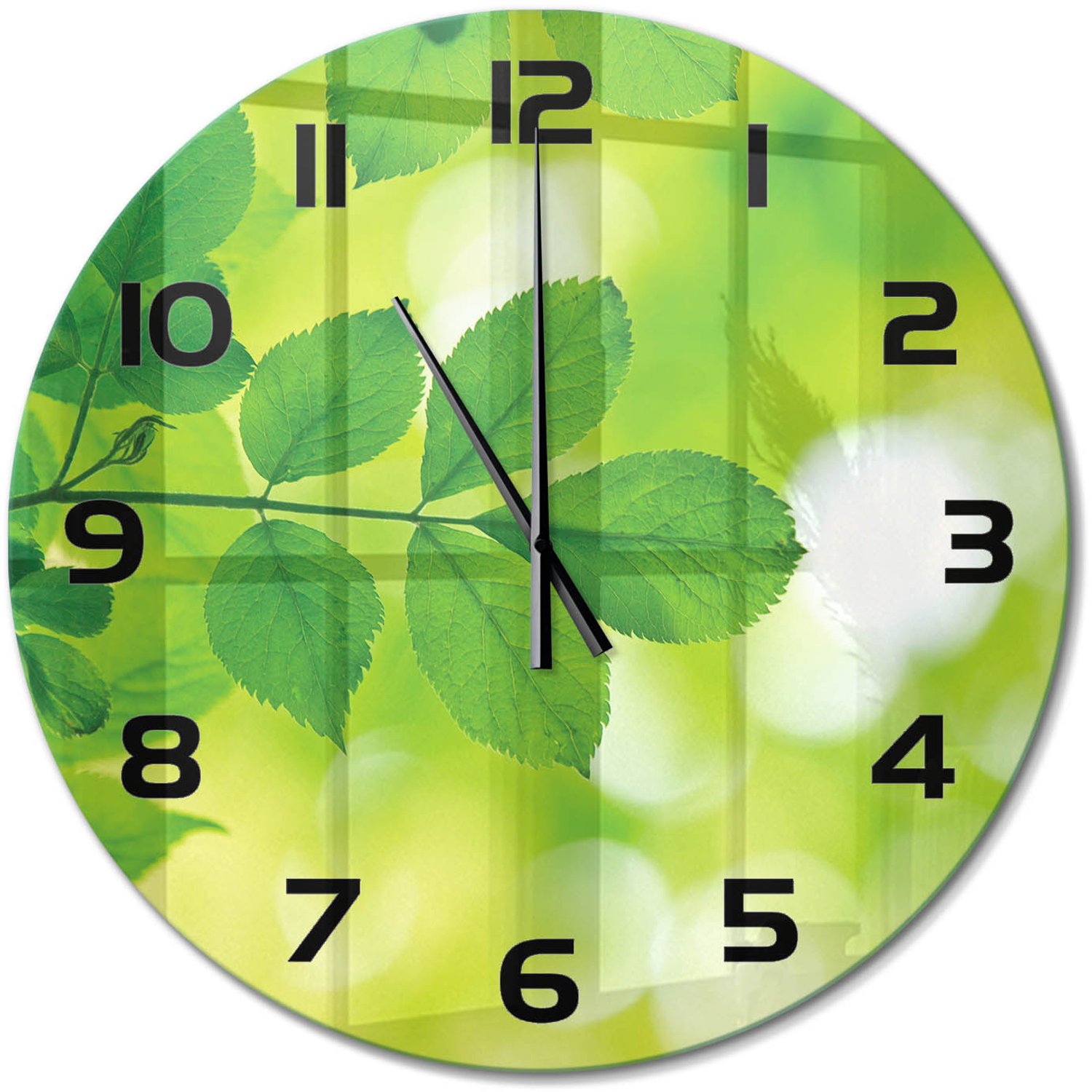 TULUP Wandklok - Groene bladeren Glazen Klok Met Print - fi60 cm - Groente Wandklok Glas Met Motief - Zwarte handen - Ronde Klok - Wandklok Glas Decoratie - Gekleurde Glazen Klok