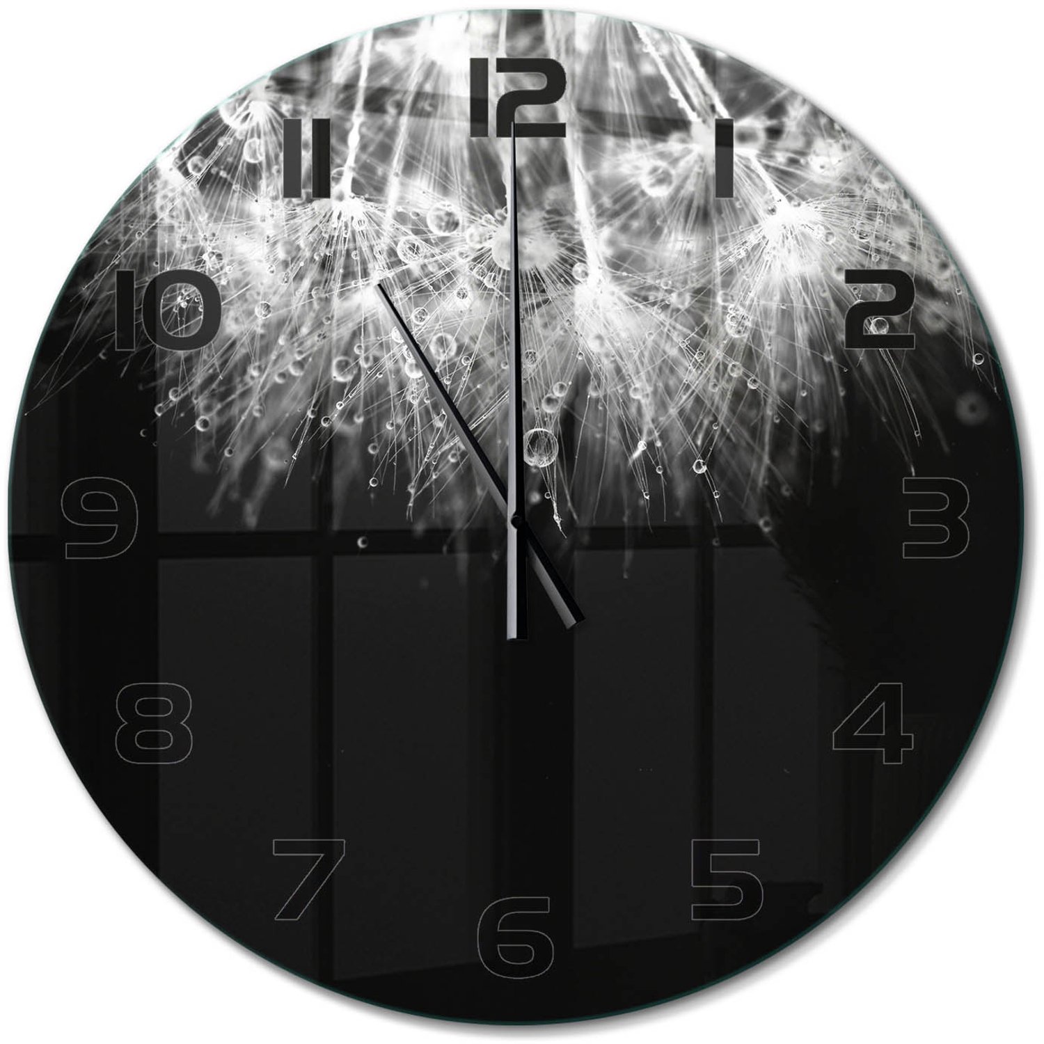 TULUP Wandklok - Paardenbloemzaden Decoratieve Glazen Klok - fi60 cm - Zwart-wit Glazen Wandklok Design - Zwarte handen - Ronde Klok - Glazen Klok Met Print - Wandklok Glas Met Motief