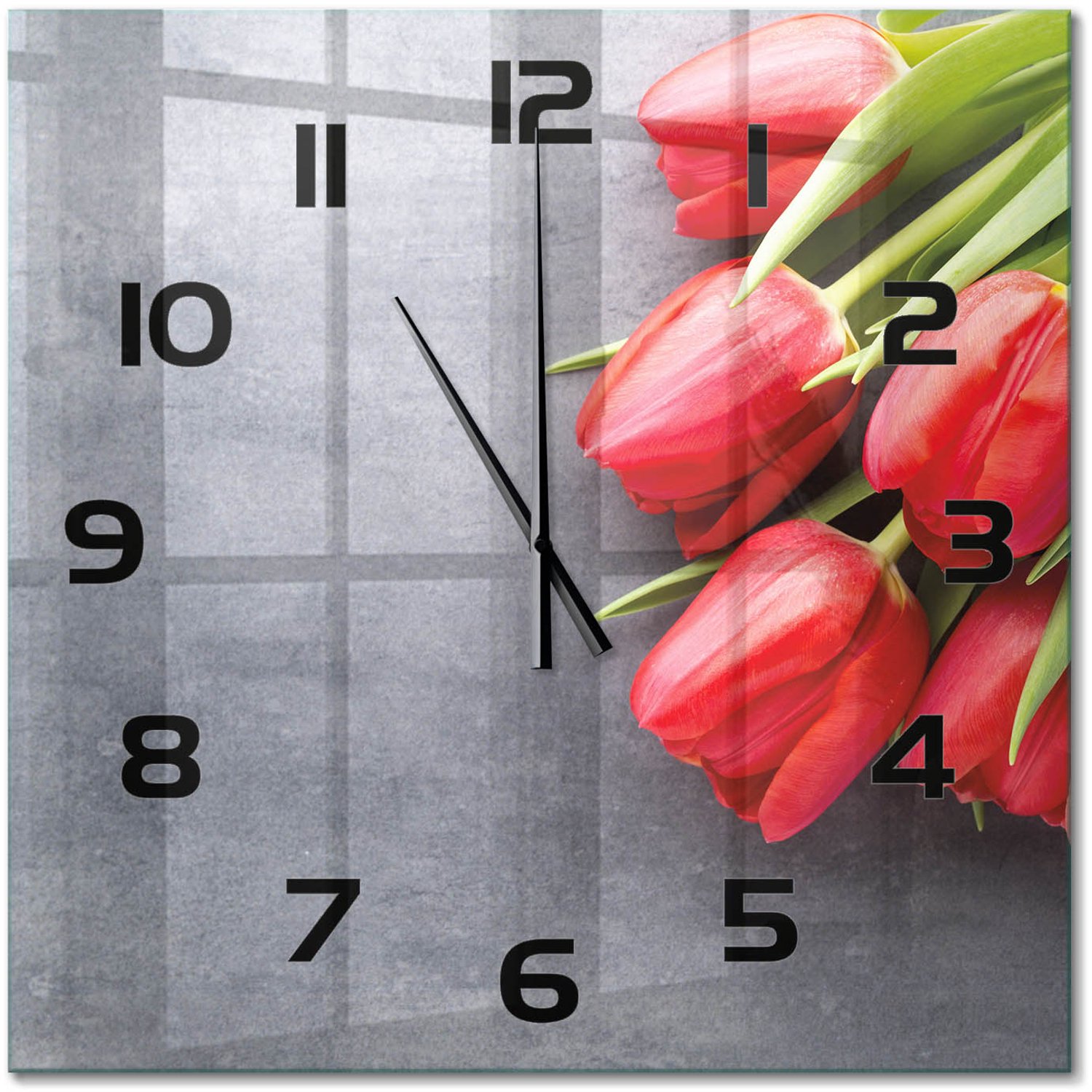 TULUP Wandklok - Rode tulpen Moderne Wandklok Glas - 60x60 cm - Rood Wandklok Glas Decoratie - Zwarte handen - Vierkante Klok - Glazen Wandklok Design - Klok Glas Met Opdruk