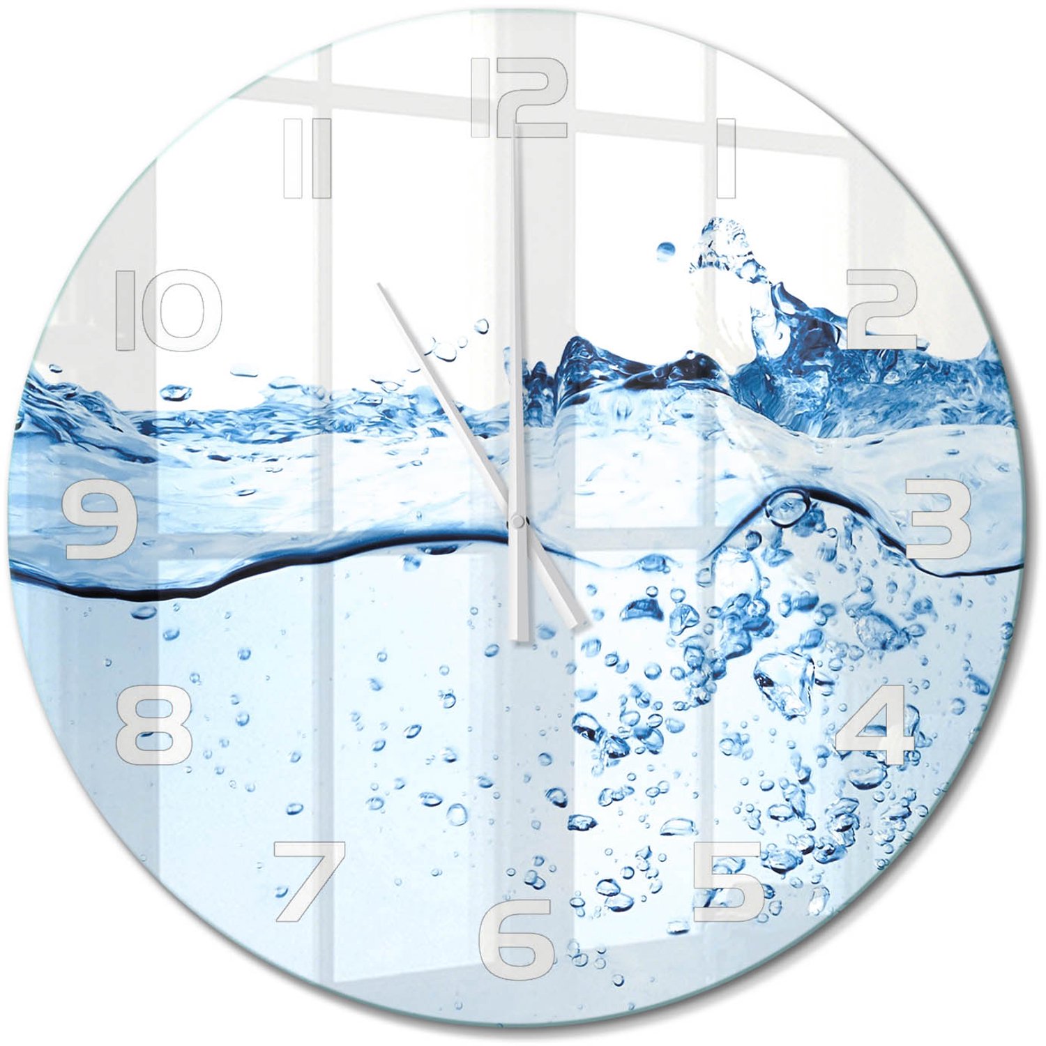 TULUP Wandklok - Water Gekleurde Glazen Klok - fi60 cm - Blauw Glazen Klok Met Print - Witte handen - Ronde Klok - Moderne Wandklok Glas - Wandklok Glas Decoratie