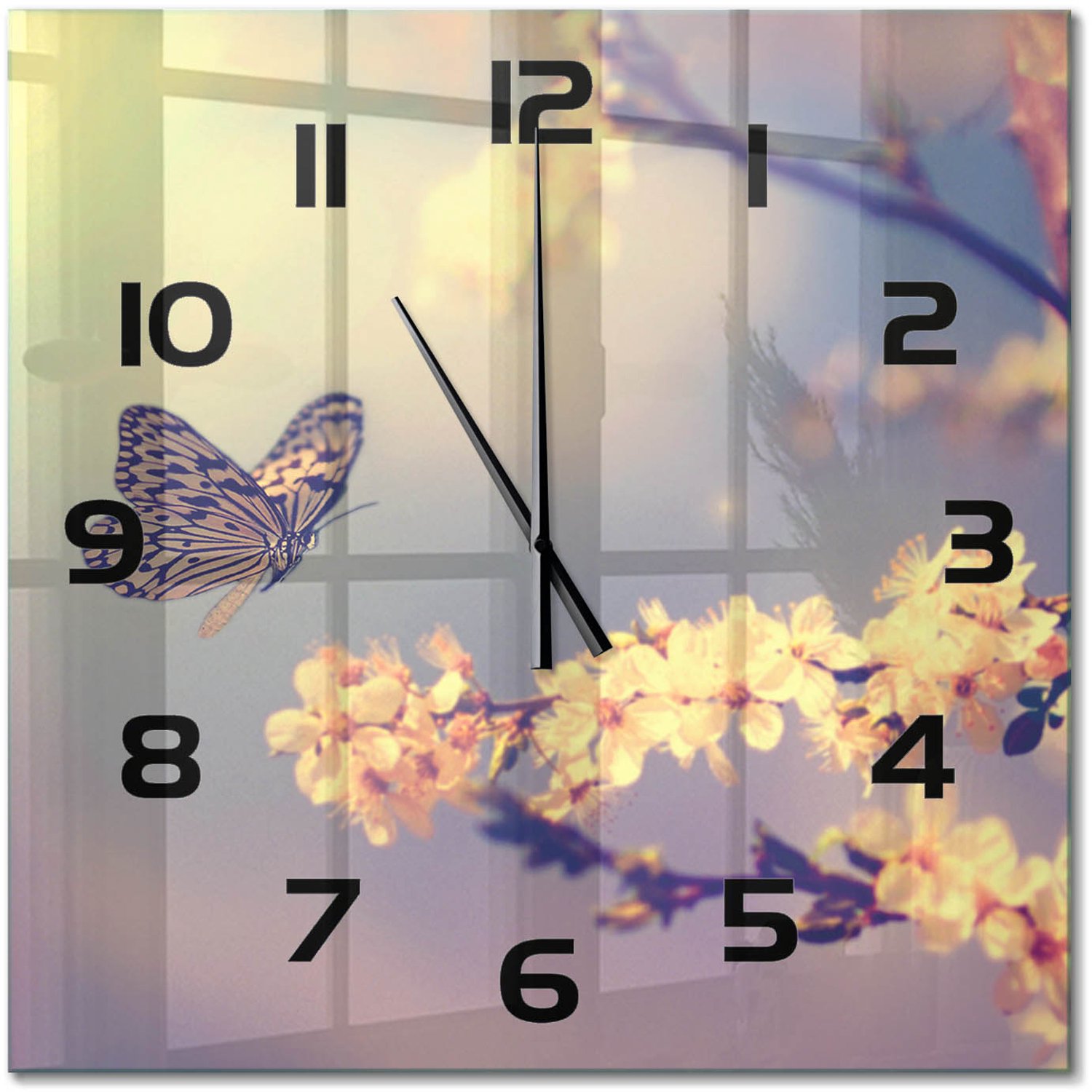 TULUP Wandklok - Kersenbloesem en vlinder Decoratieve Glazen Klok - 60x60 cm - Veelkleurig Glazen Wandklok Design - Zwarte handen - Vierkante Klok - Glazen Klok Met Print - Wandklok Glas Met Motief