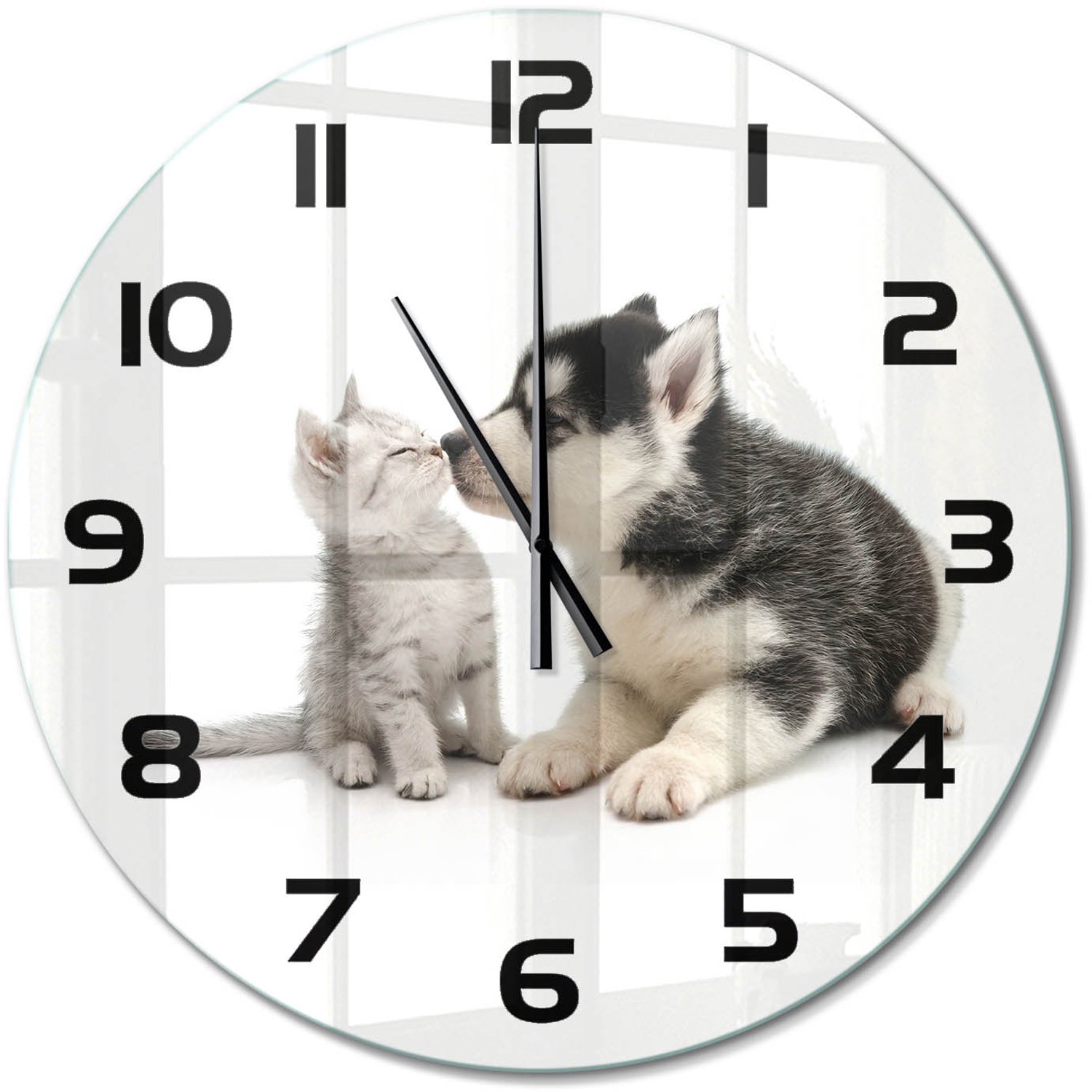 TULUP Wandklok - Hond en kat Wandklok Glas Met Motief - fi60 cm - Zwart Decoratieve Glazen Klok - Zwarte handen - Ronde Klok - Gekleurde Glazen Klok - Glazen Klok Met Print