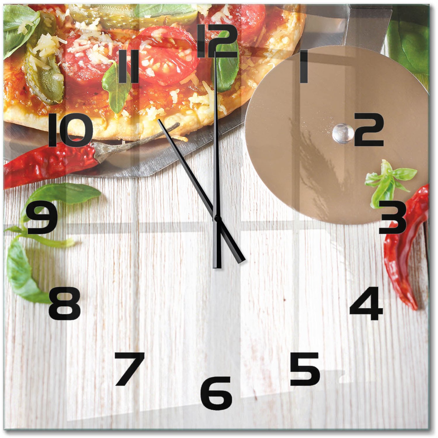 TULUP Wandklok - Pizza Wandklok Glas Met Motief - 60x60 cm - Rood Decoratieve Glazen Klok - Zwarte handen - Vierkante Klok - Gekleurde Glazen Klok - Glazen Klok Met Print
