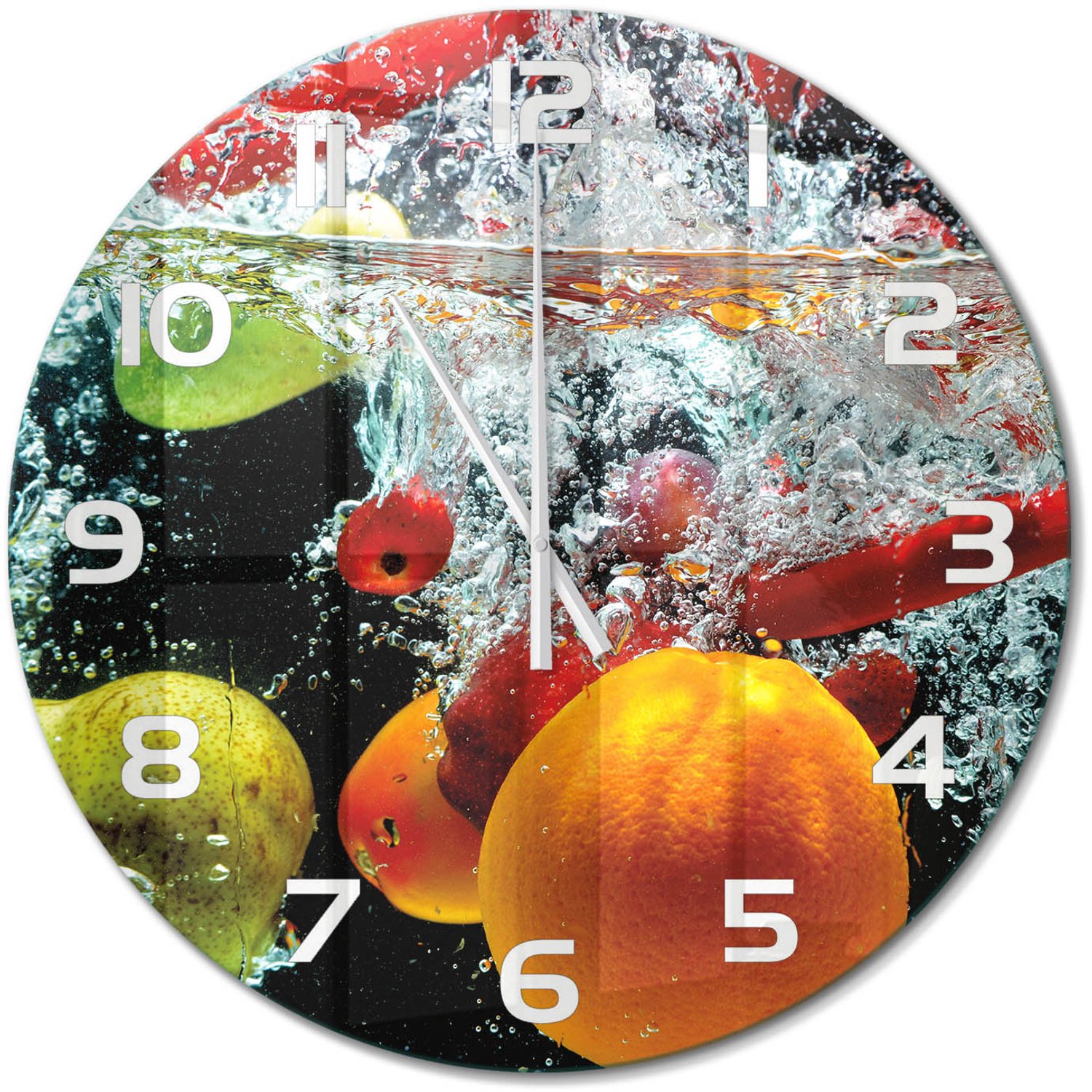 TULUP Wandklok - Fruit onder water Wandklok Glas Met Motief - fi60 cm - Veelkleurig Decoratieve Glazen Klok - Witte handen - Ronde Klok - Gekleurde Glazen Klok - Glazen Klok Met Print