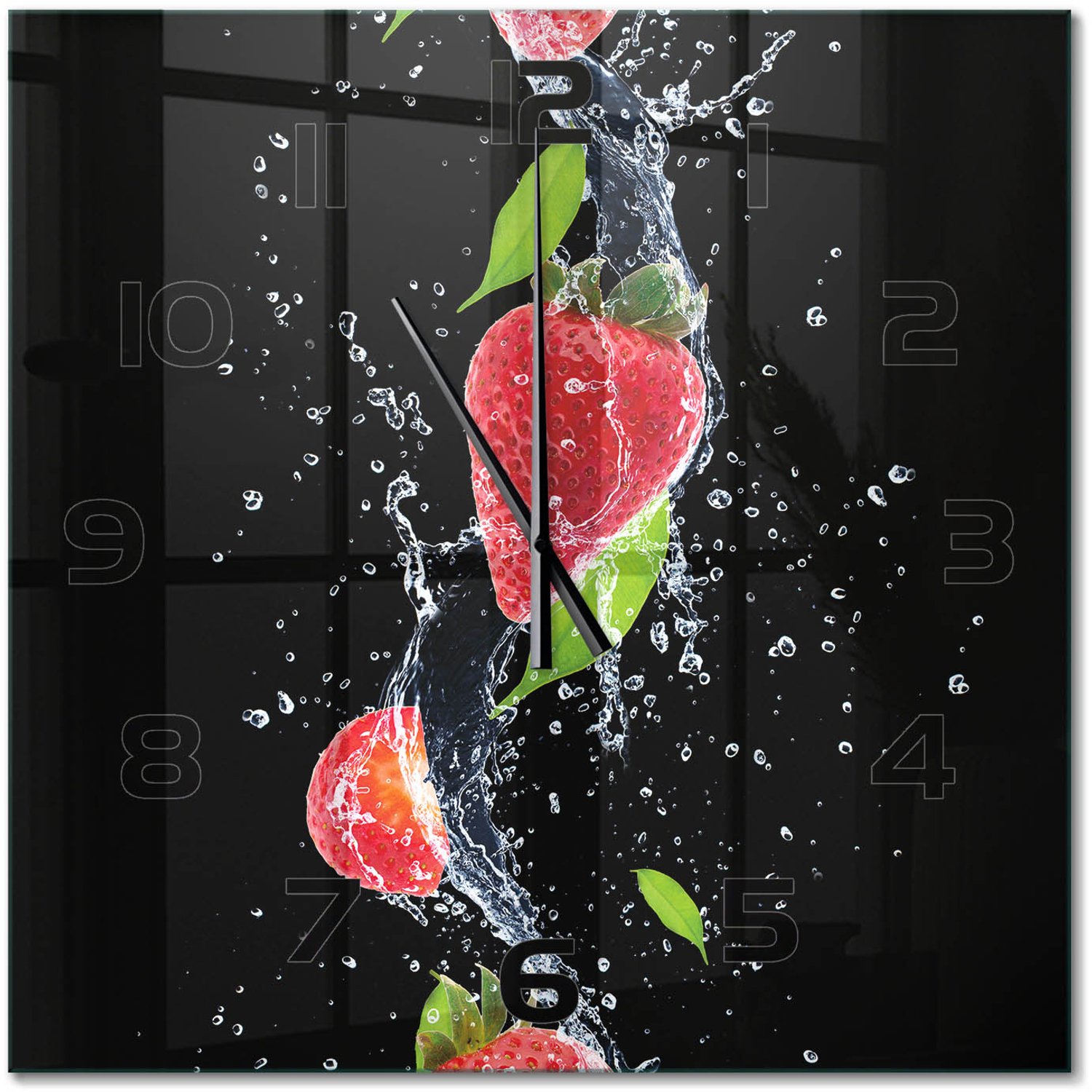 TULUP Wandklok - Aardbeien en water Decoratieve Glazen Klok - 60x60 cm - Rood Glazen Wandklok Design - Zwarte handen - Vierkante Klok - Glazen Klok Met Print - Wandklok Glas Met Motief