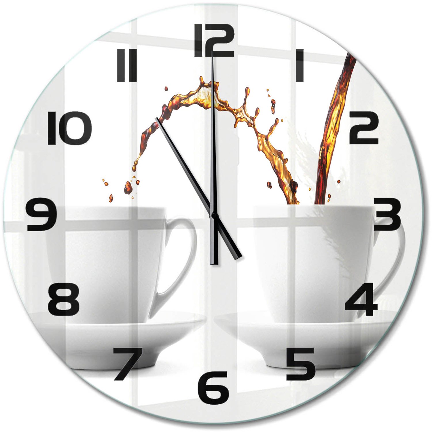 TULUP Wandklok - Lekkende koffie Decoratieve Glazen Klok - fi60 cm - Bruin Glazen Wandklok Design - Zwarte handen - Ronde Klok - Glazen Klok Met Print - Wandklok Glas Met Motief