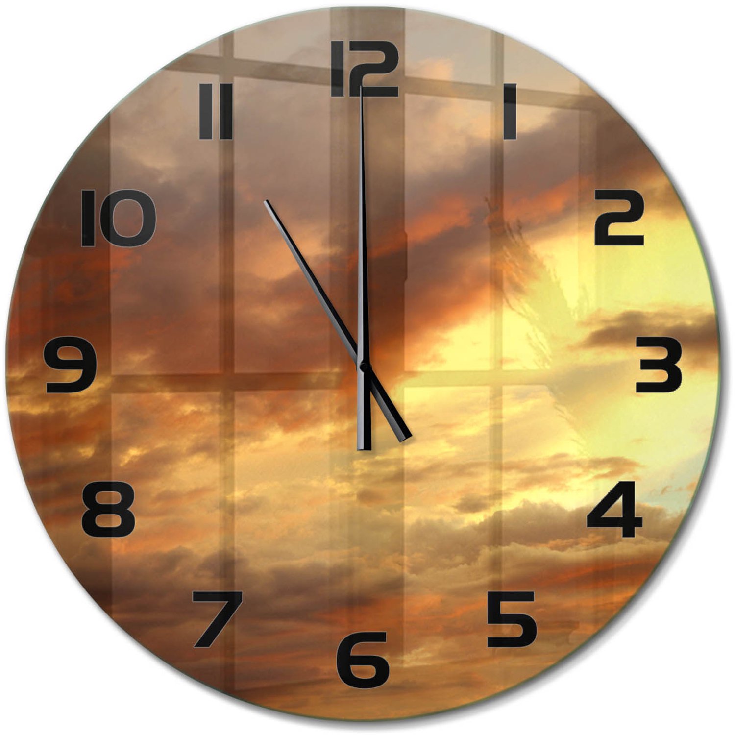 TULUP Wandklok - Zonsopgang Klok Glas Met Opdruk - fi60 cm - Geel Moderne Wandklok Glas - Zwarte handen - Ronde Klok - Decoratieve Glazen Klok - Glazen Wandklok Design