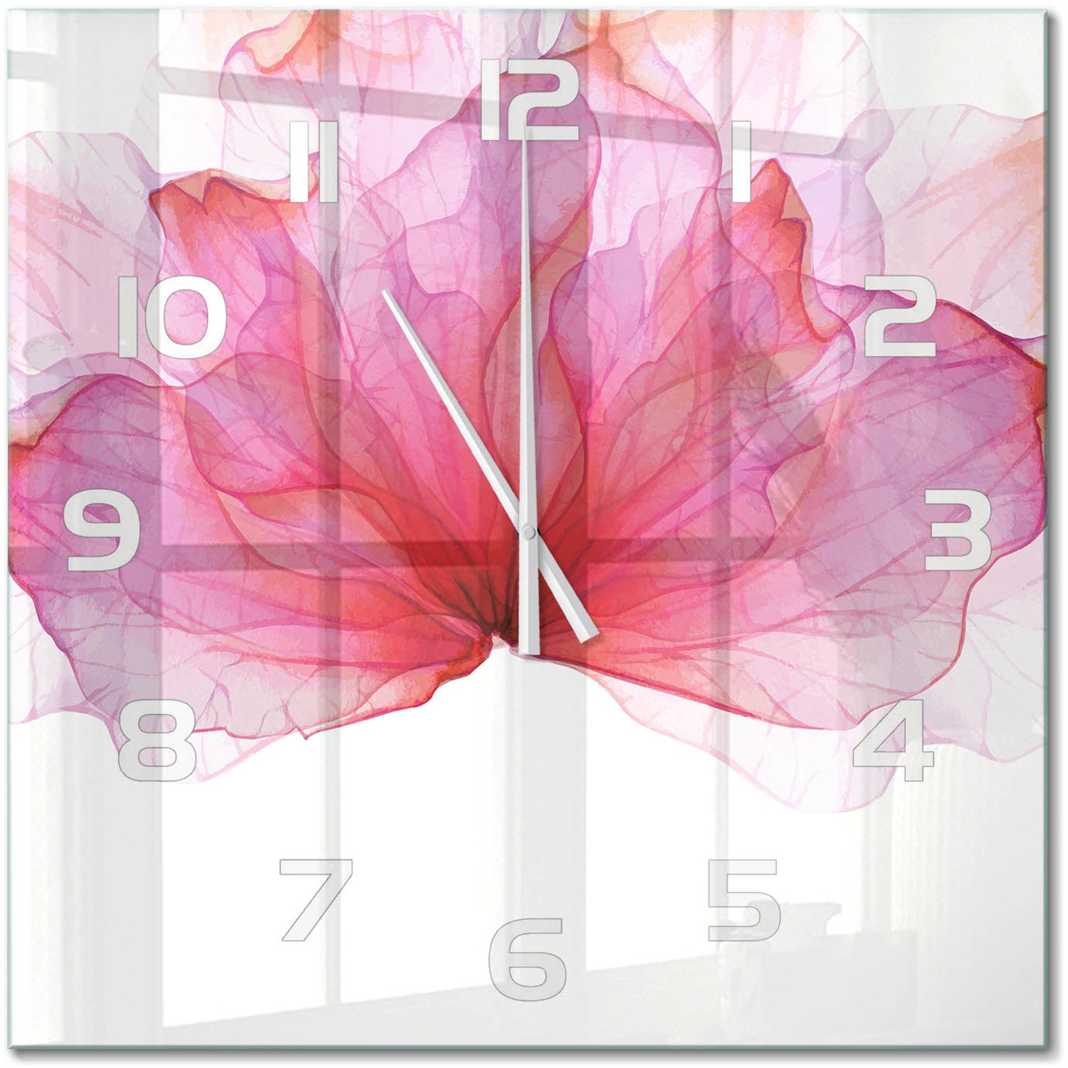 TULUP Wandklok - Roze bloem Glazen Klok Met Print - 60x60 cm - Roze Wandklok Glas Met Motief - Witte handen - Vierkante Klok - Wandklok Glas Decoratie - Gekleurde Glazen Klok
