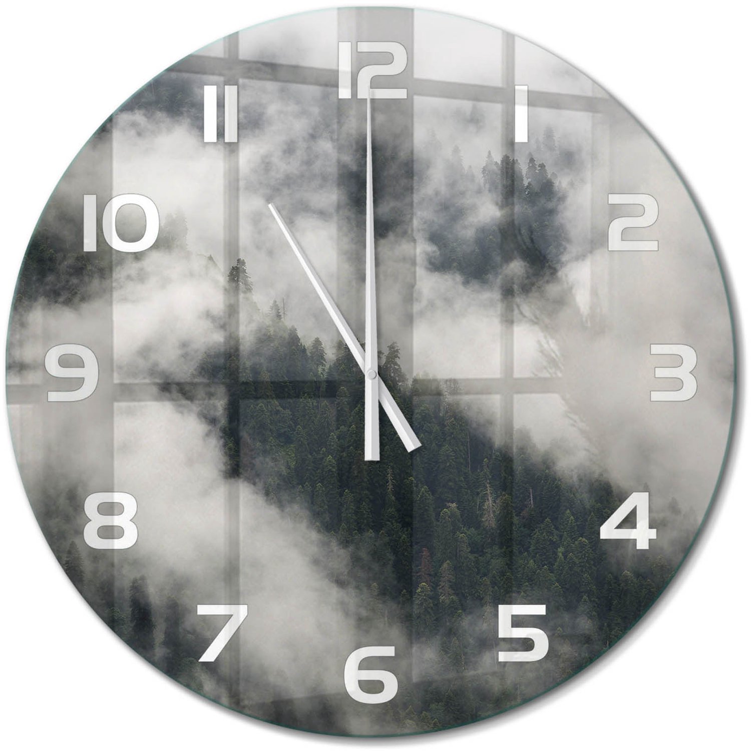 TULUP Wandklok - Mist boven het bos Wandklok Glas Met Motief - fi60 cm - Grijs Decoratieve Glazen Klok - Witte handen - Ronde Klok - Gekleurde Glazen Klok - Glazen Klok Met Print