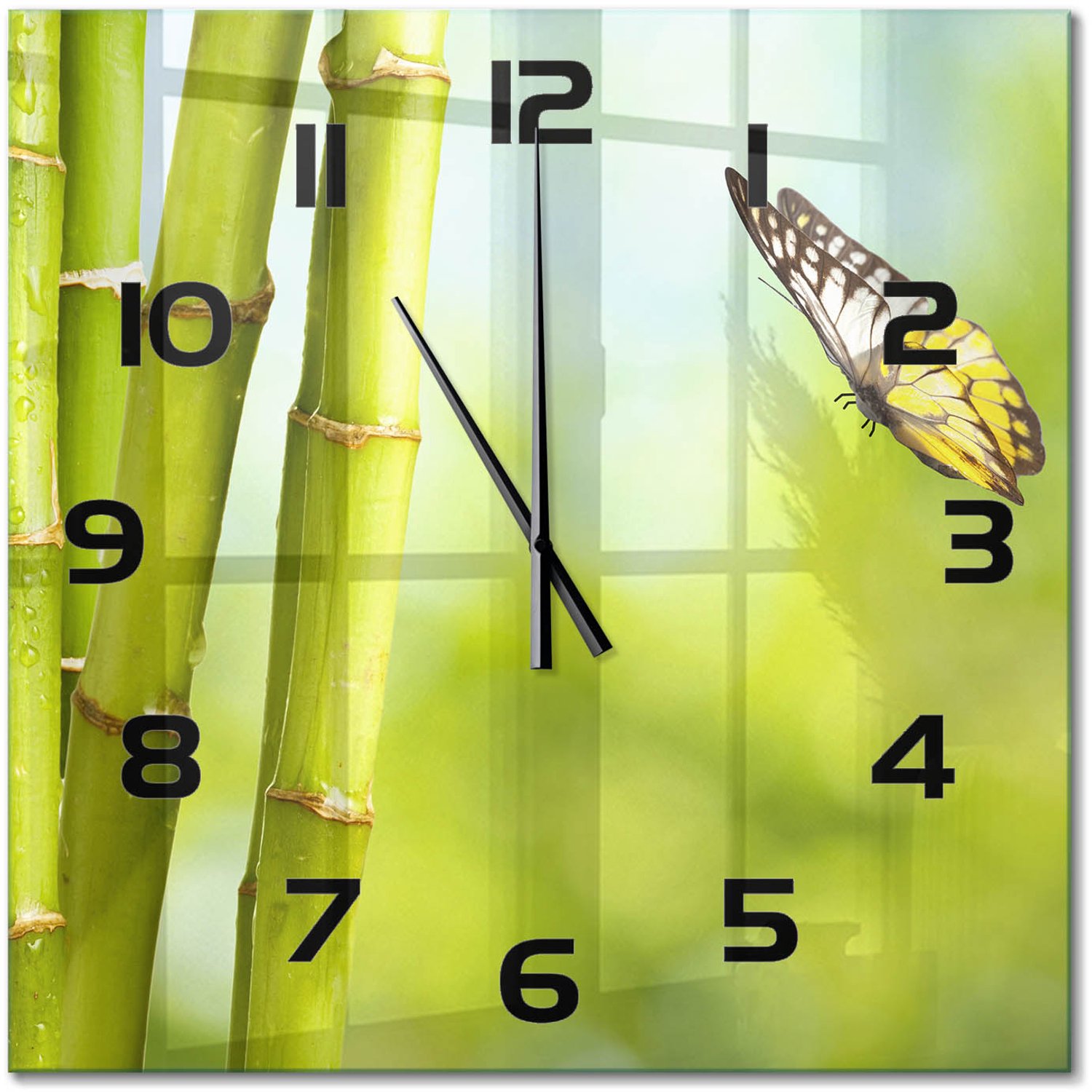 TULUP Wandklok - Bamboe en vlinder Klok Glas Met Opdruk - 60x60 cm - Groente Moderne Wandklok Glas - Zwarte handen - Vierkante Klok - Decoratieve Glazen Klok - Glazen Wandklok Design