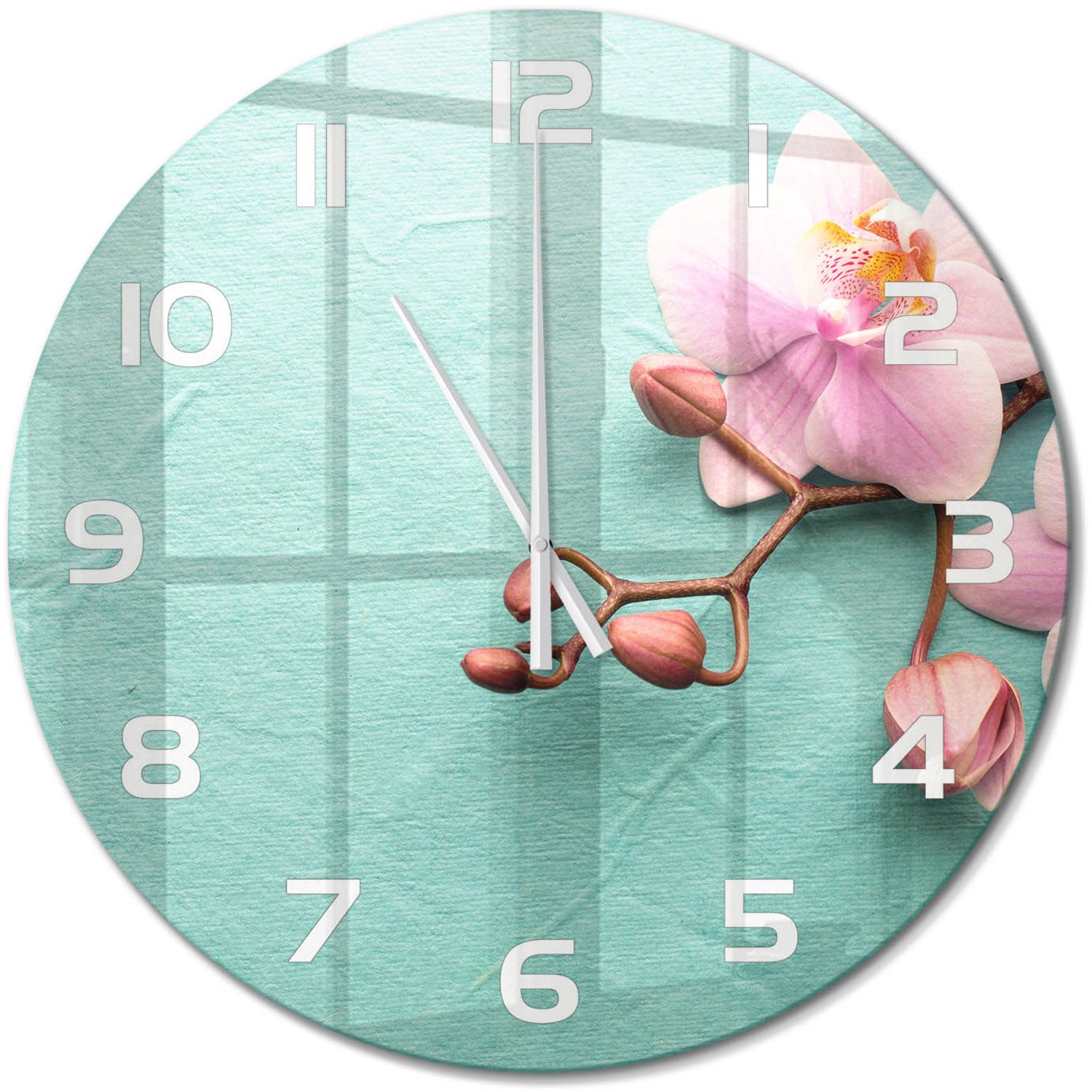 TULUP Wandklok - Orchidee Gekleurde Glazen Klok - fi60 cm - Roze Glazen Klok Met Print - Witte handen - Ronde Klok - Moderne Wandklok Glas - Wandklok Glas Decoratie