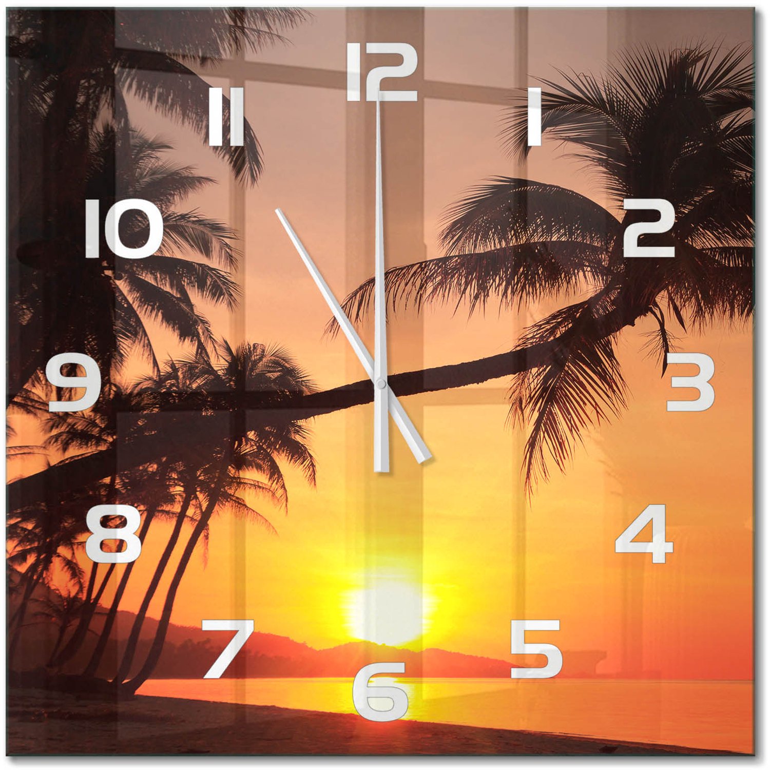TULUP Wandklok - Zonsondergangstrand Gekleurde Glazen Klok - 60x60 cm - Oranje Glazen Klok Met Print - Witte handen - Vierkante Klok - Moderne Wandklok Glas - Wandklok Glas Decoratie