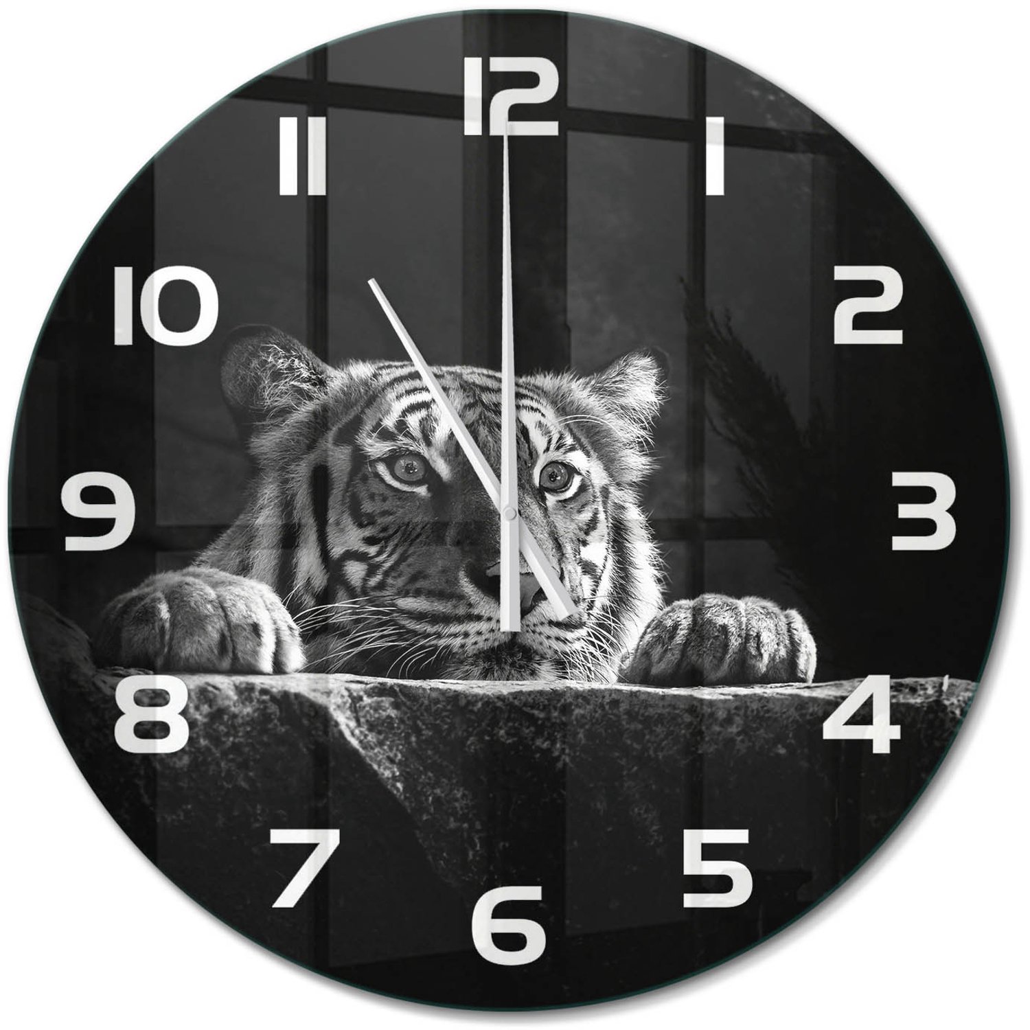TULUP Wandklok - Tijger Gekleurde Glazen Klok - fi60 cm - Zwart-wit Glazen Klok Met Print - Witte handen - Ronde Klok - Moderne Wandklok Glas - Wandklok Glas Decoratie