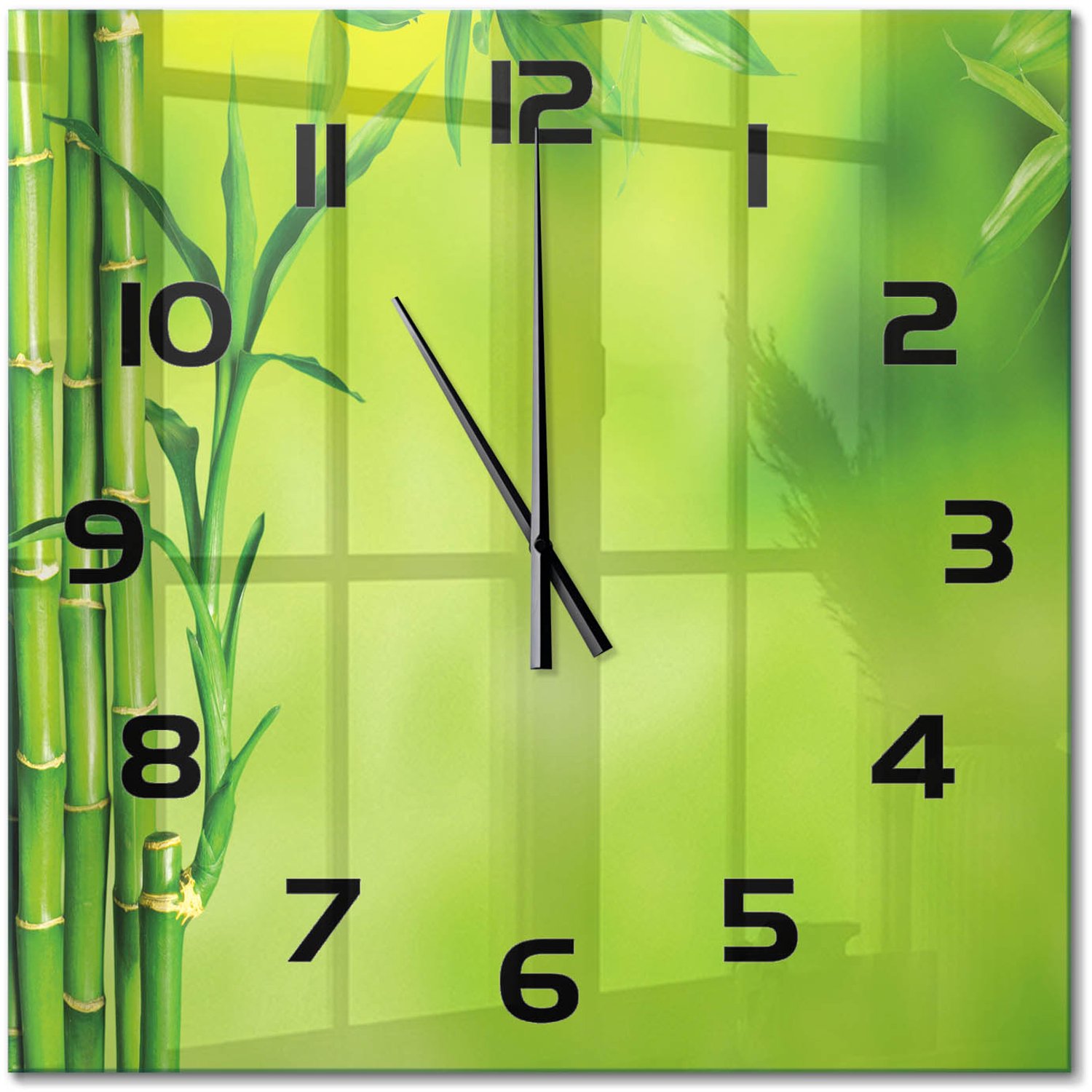 TULUP Wandklok - Bamboe Decoratieve Glazen Klok - 60x60 cm - Groente Glazen Wandklok Design - Zwarte handen - Vierkante Klok - Glazen Klok Met Print - Wandklok Glas Met Motief
