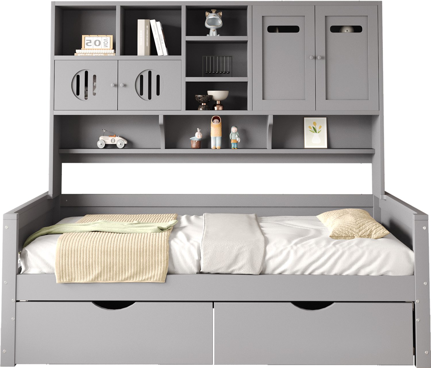 MUVANO Bedbank 90 x 200 cm - eenpersoonsbed met opbergruimte, lattenbodem en twee laden - houten bed met opbergkasten boven het bed, grijs